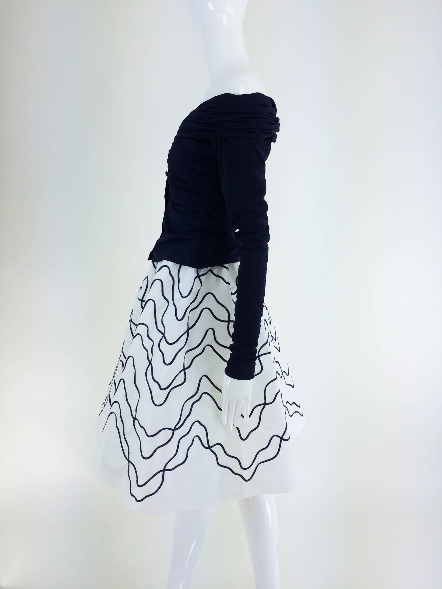 Women's Victor Costa navy jersey draped top & paper taffeta applique full skirt 1980s