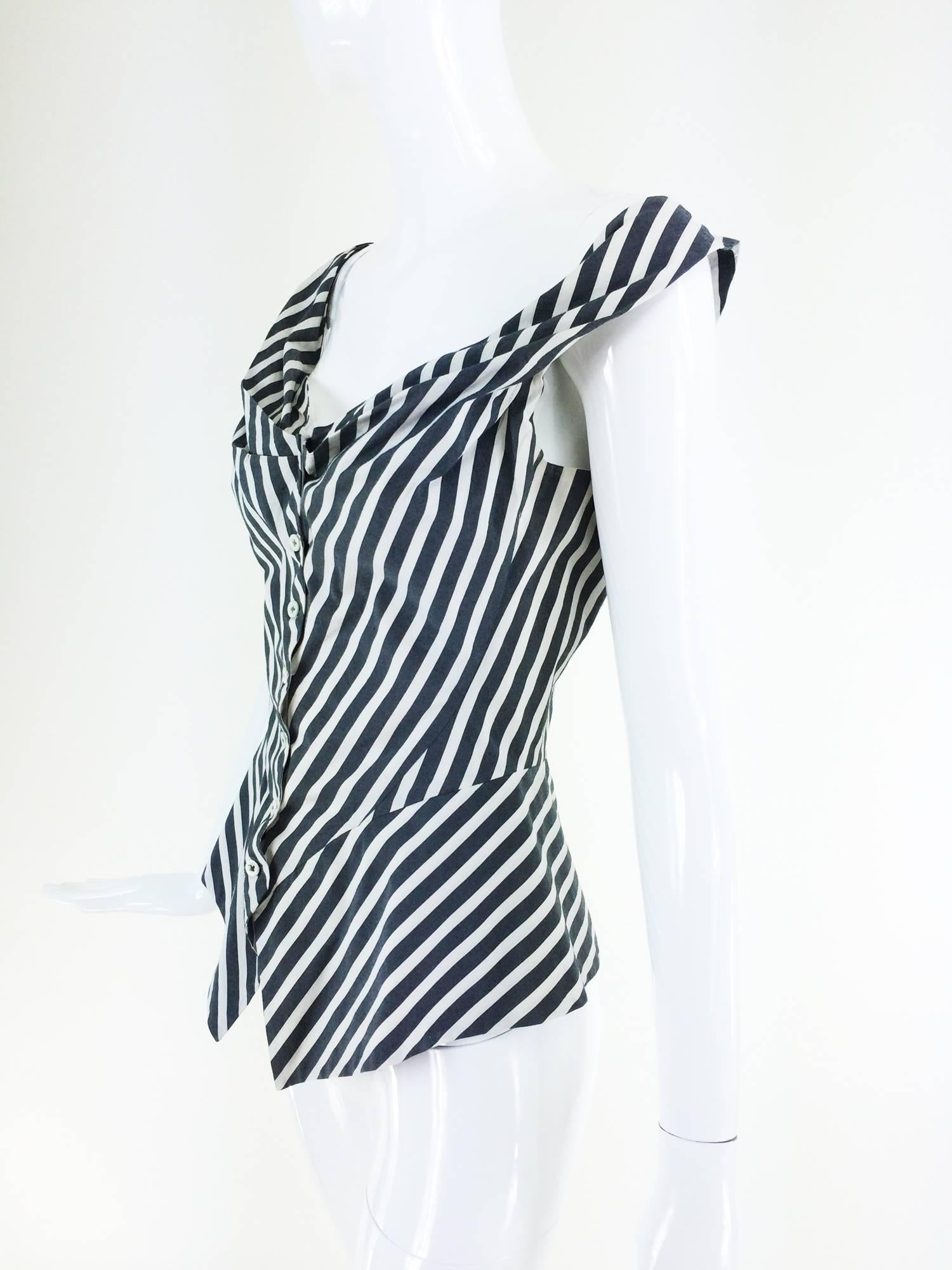 Vivienne Westwood Anglomania black & white striped corset top 1990s...Fitted corset style top in black & white striped cotton with a wide open neckline fitted torso and angled peplum...Button closure at the front, fully lined in white