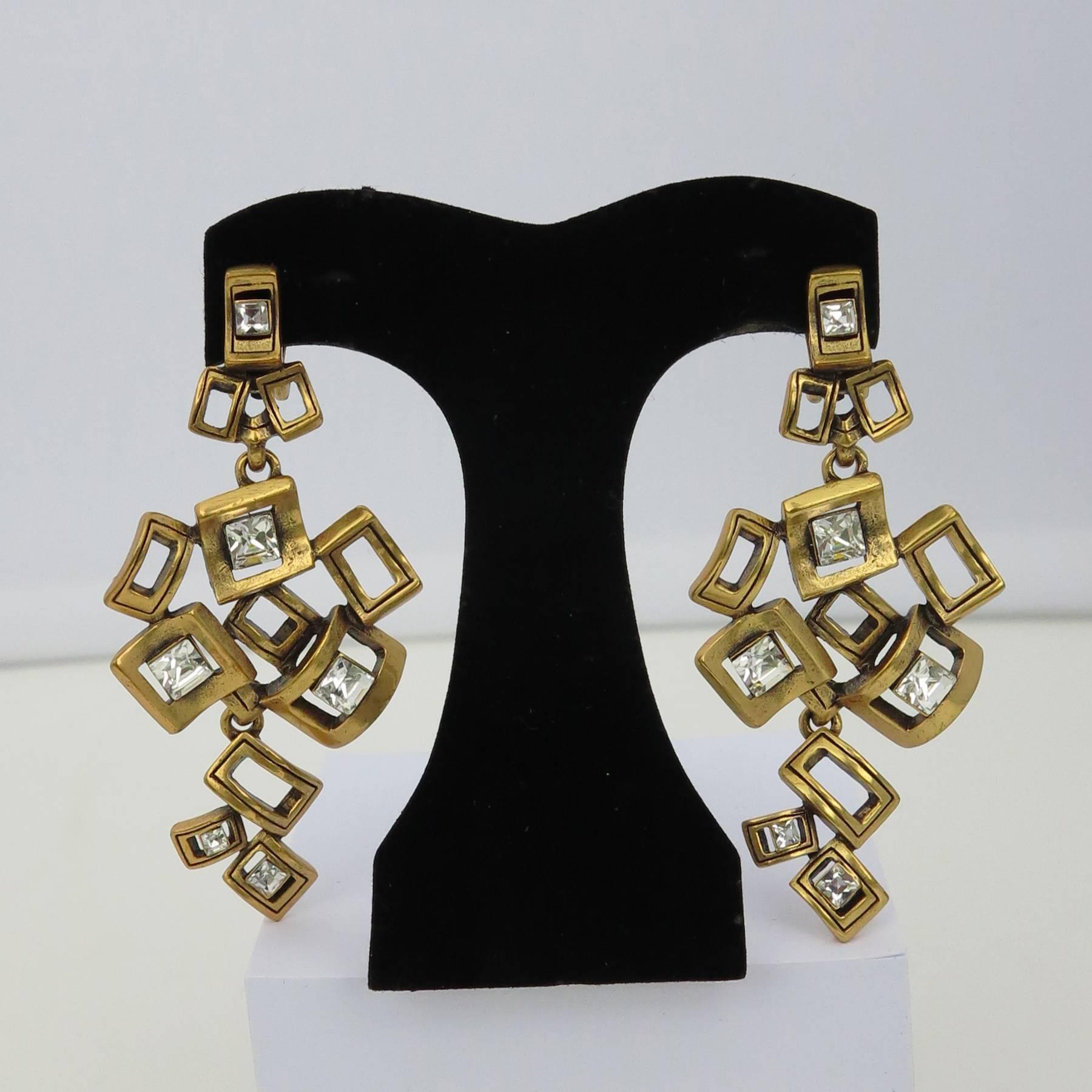 Signed Oscar de la Renta massive gold & diamante cubist runway earrings...Matte gold open cubes/rectangles some set with diamante...Clip back in excellent condition, barely, if ever worn...