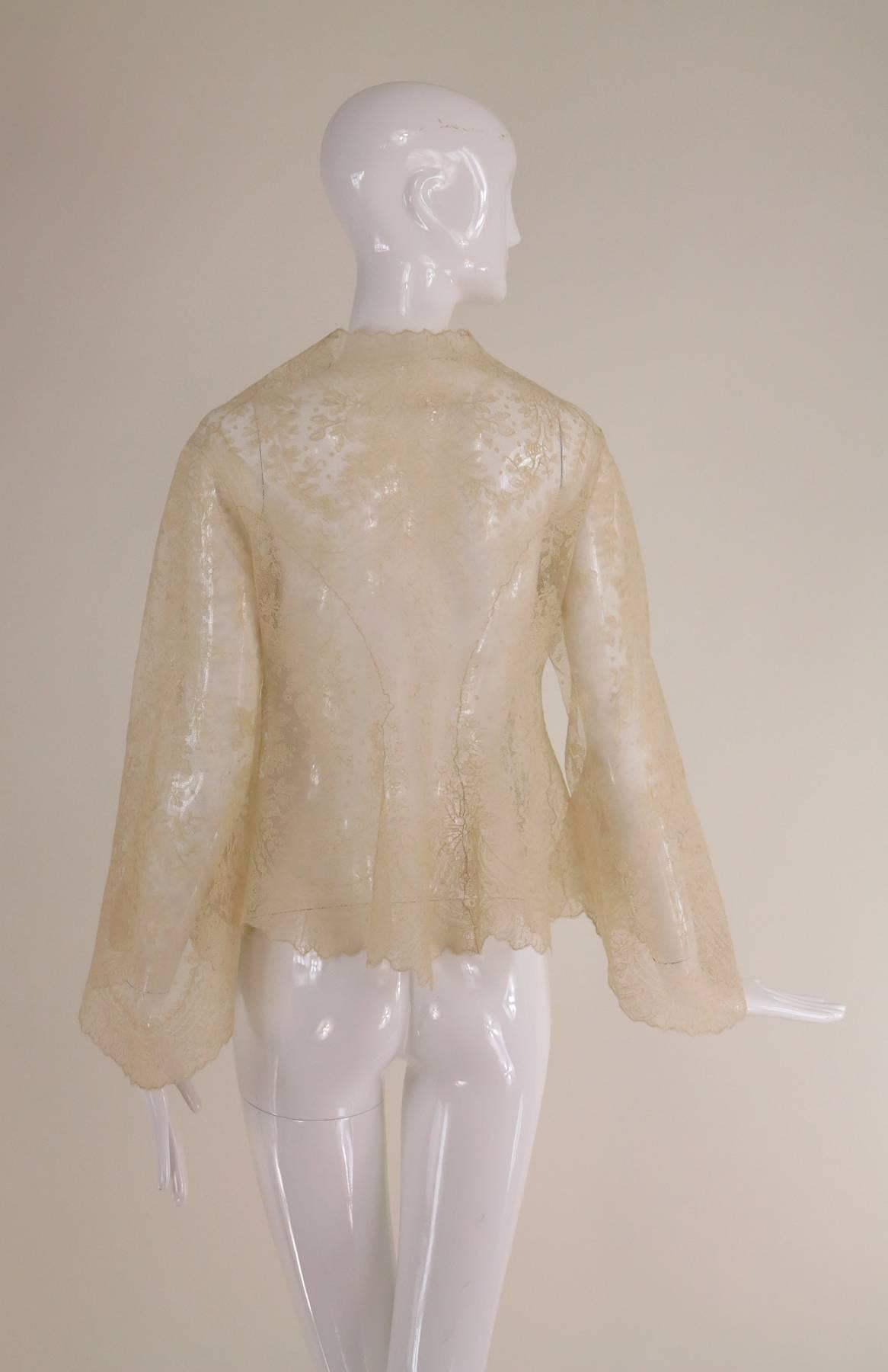 Blond Chantilly lace open front jacket wedding finery handmade 1860s In Excellent Condition In West Palm Beach, FL