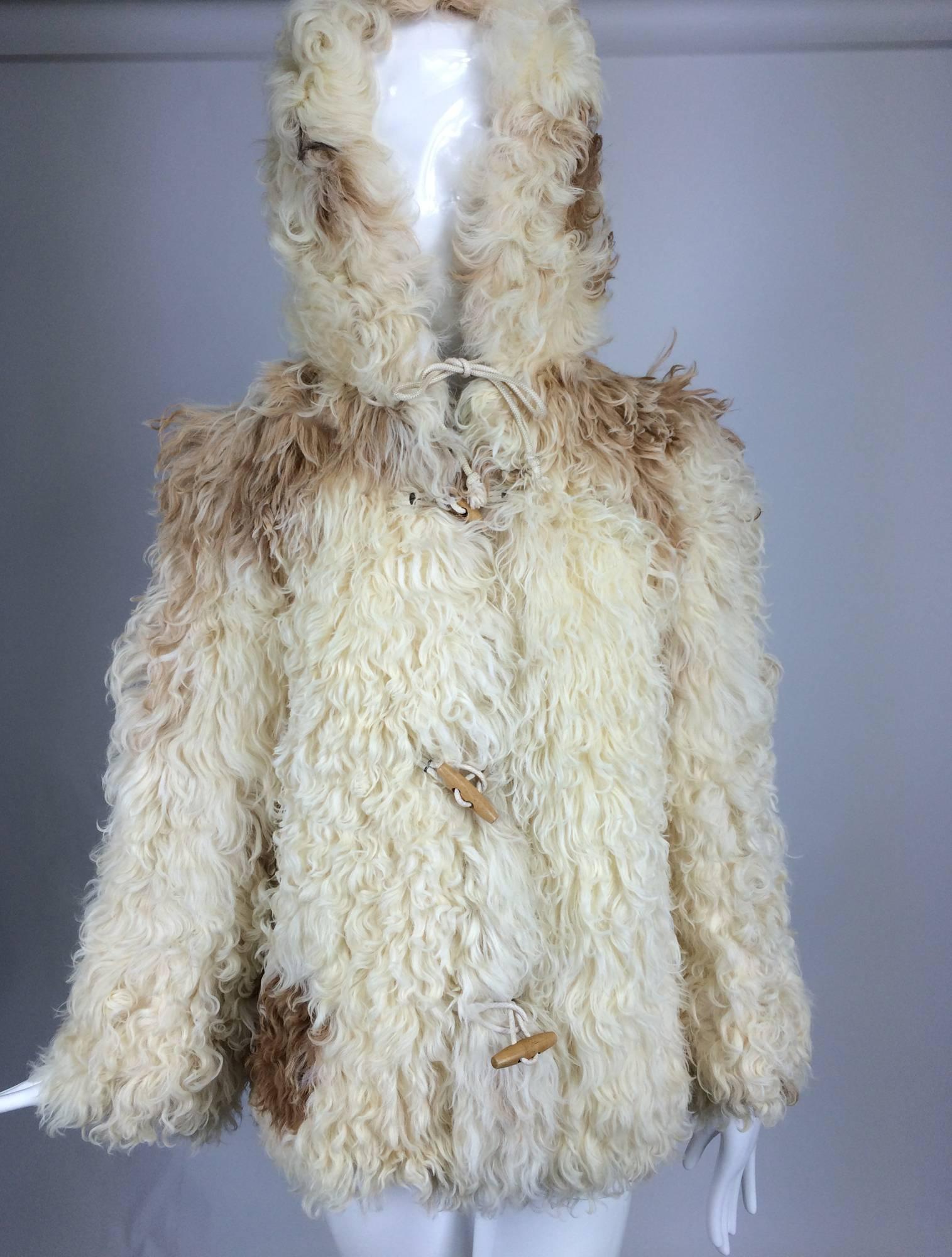 Mongolian lamb cream & tan hooded toggle parka jacket 1960s 2