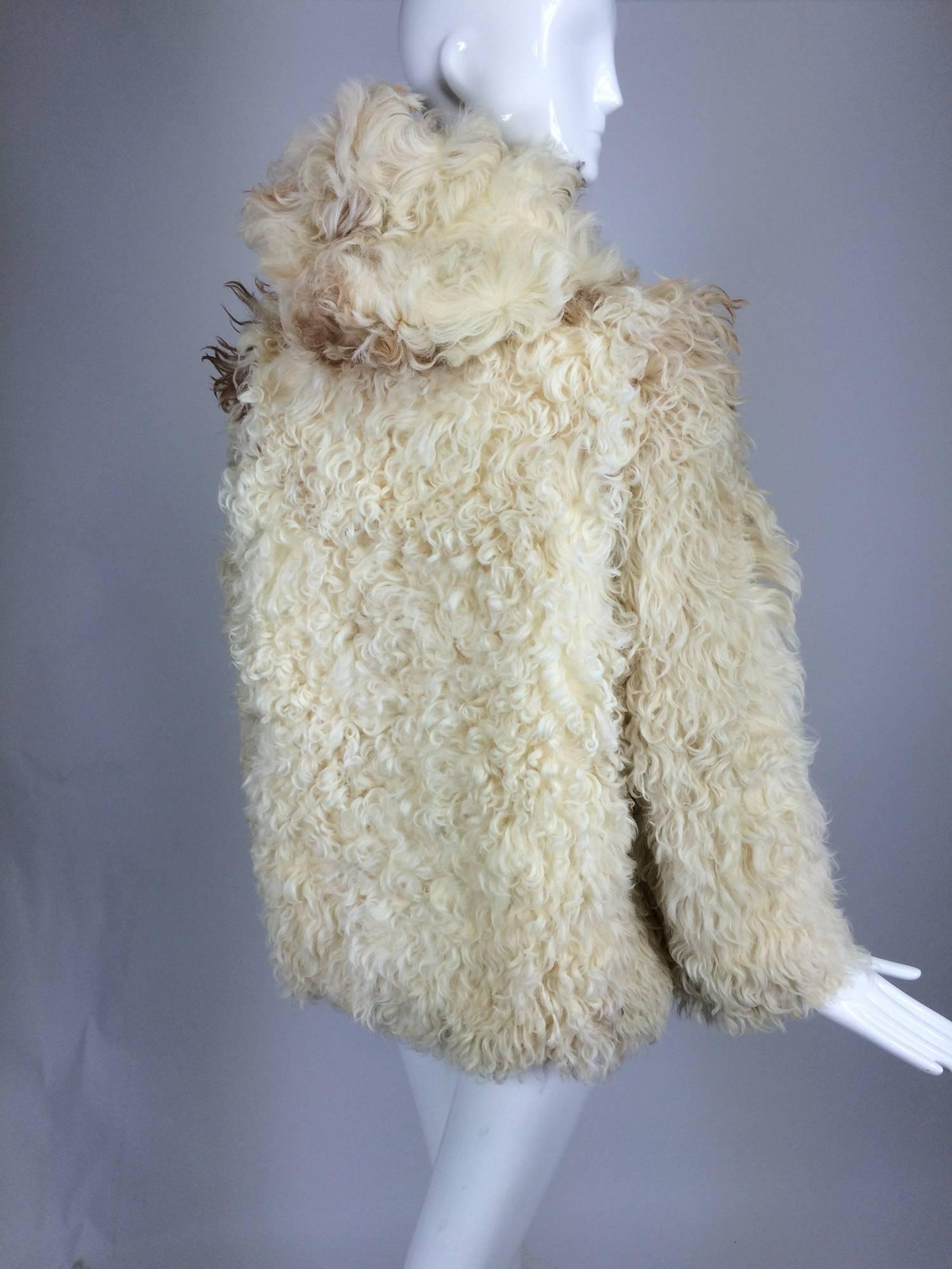 Gray Mongolian lamb cream & tan hooded toggle parka jacket 1960s