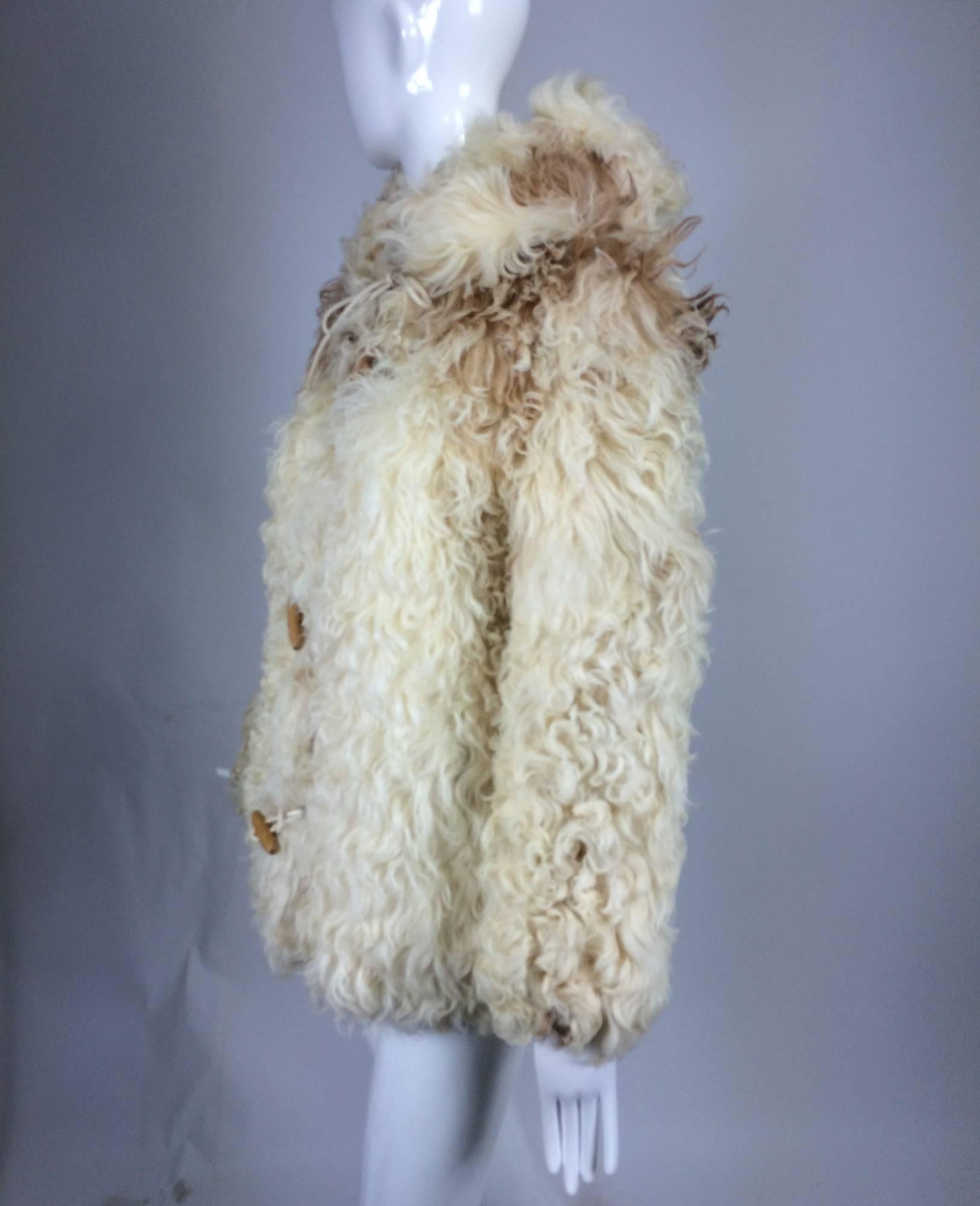 Mongolian lamb cream & tan hooded toggle parka jacket 1960s 1
