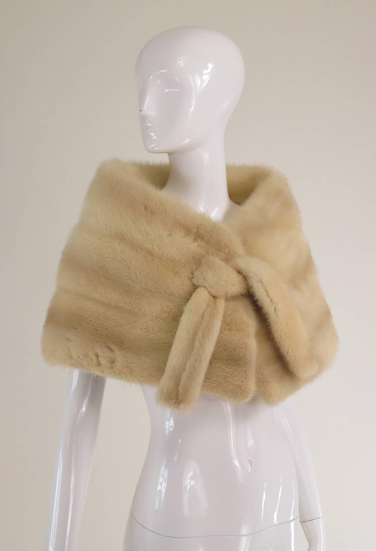 Gunther Jaeckel Furs Bonwit Teller champagne mink tie front cape 1960s...A lovely little cape that would be perfect for a wedding or other big event!  Champagne colour cape closes at the front with hooks and fur ties...Beautifully lined in silk with