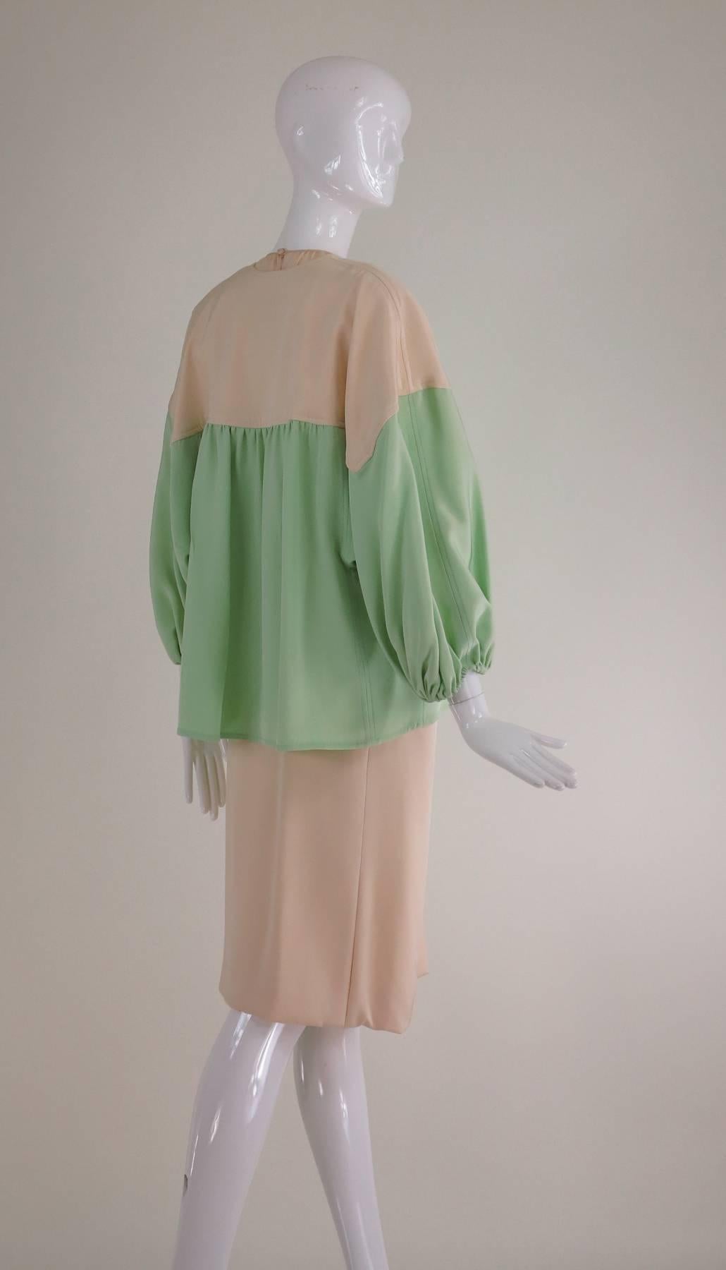 Jacqueline de Ribes cream & mint silk 3pc ensemble 1980s.  Beautifully constructed garments starting with the cream charmeuse silk sleeveless pull on blouse has a jewel neckline with slight gathering at the front, closes at the neck back with a