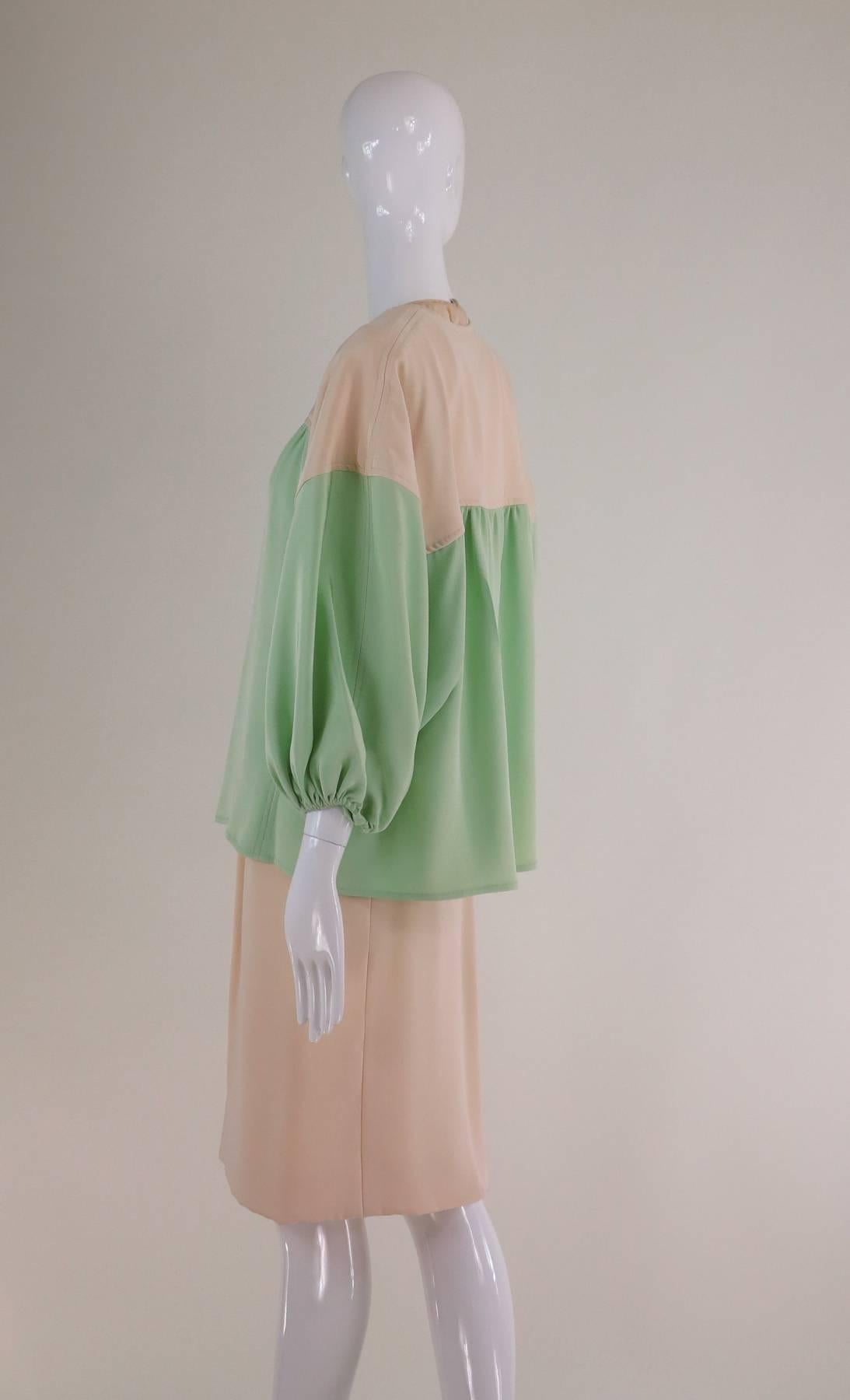 Brown Jacqueline de Ribes cream & mint silk 3pc ensemble 1980s