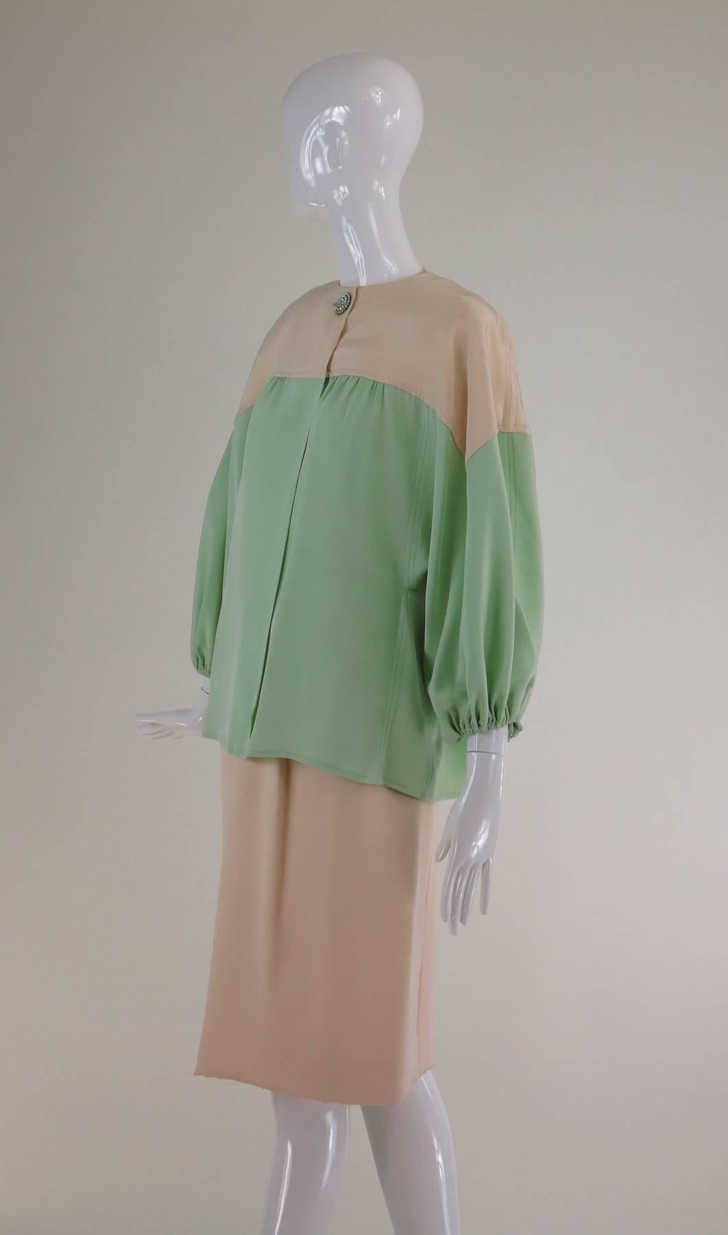 Jacqueline de Ribes cream & mint silk 3pc ensemble 1980s In Good Condition In West Palm Beach, FL