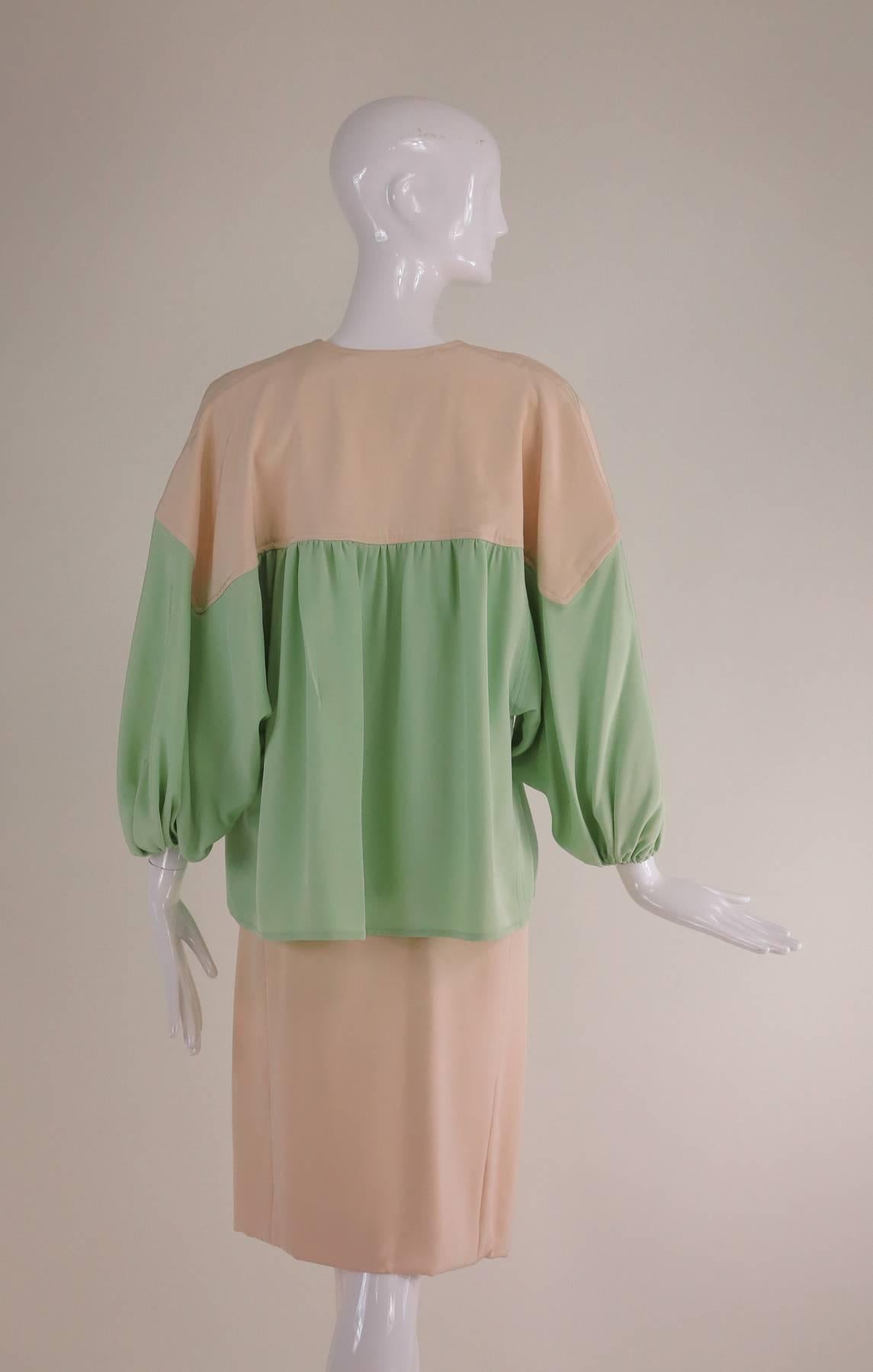 Jacqueline de Ribes cream & mint silk 3pc ensemble 1980s 5