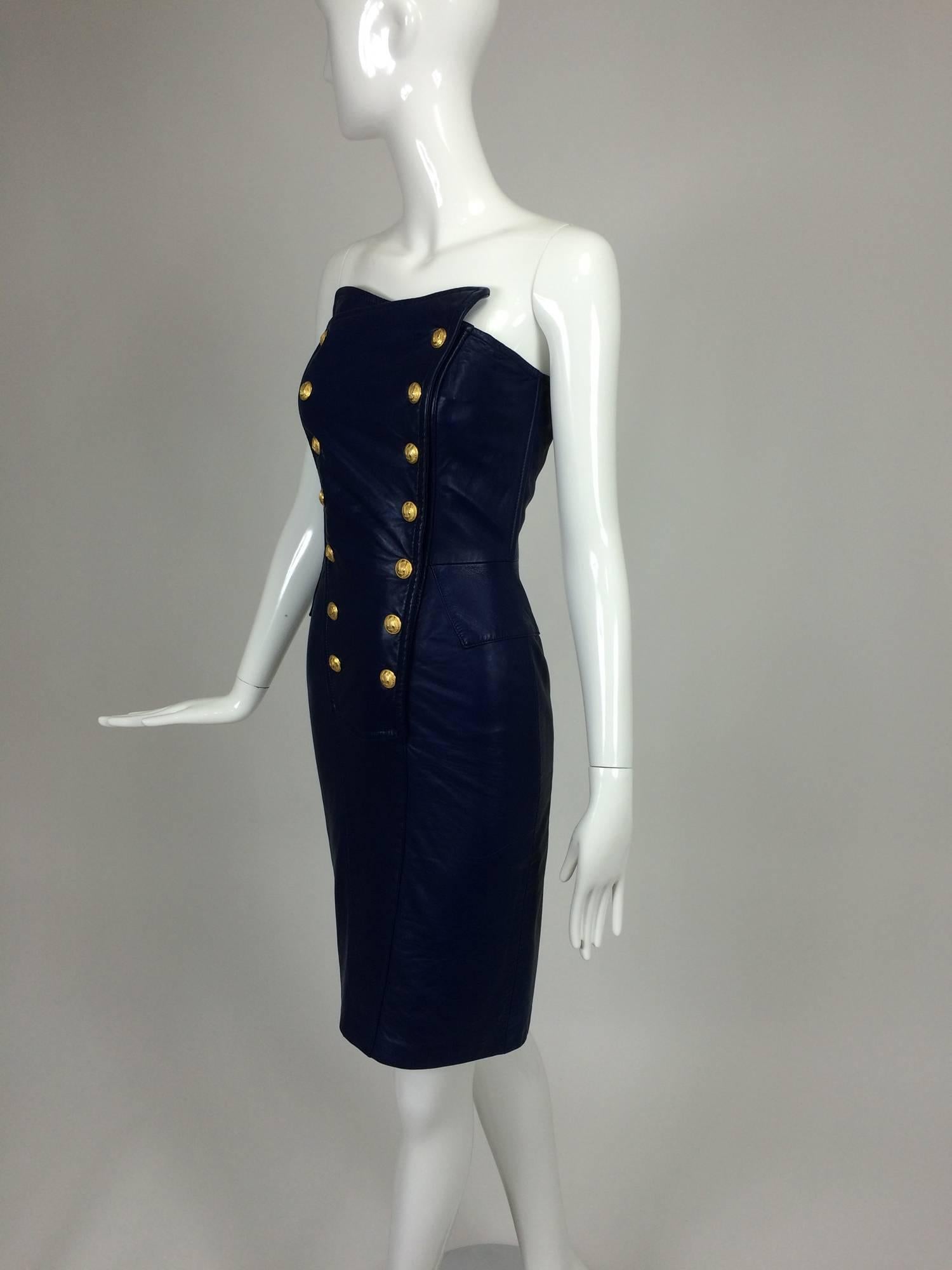 Black North Beach navy Leather double breasted dress & jacket 1980s