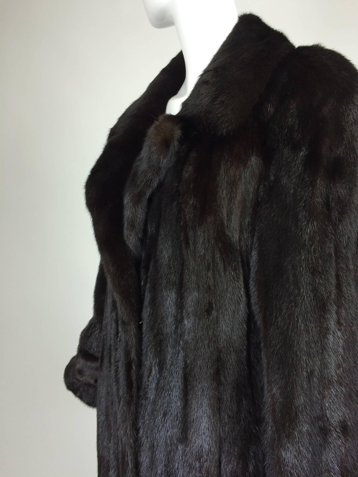 Women's or Men's Black full length mink fur coat belt back 1990s Lord & Taylor