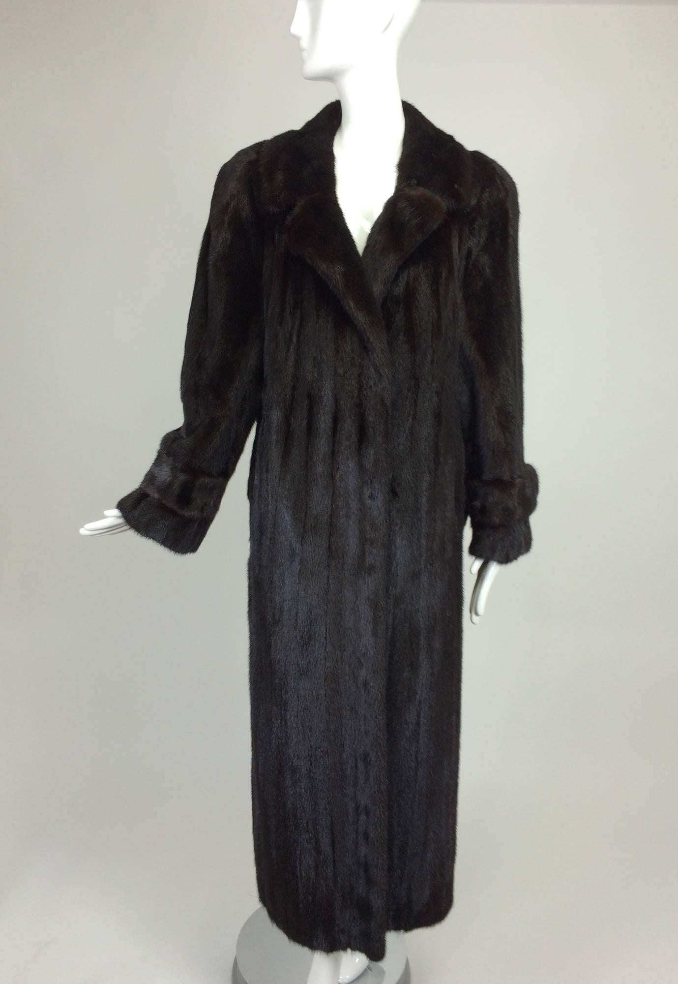 Black full length mink fur coat belt back 1990s Lord & Taylor 3
