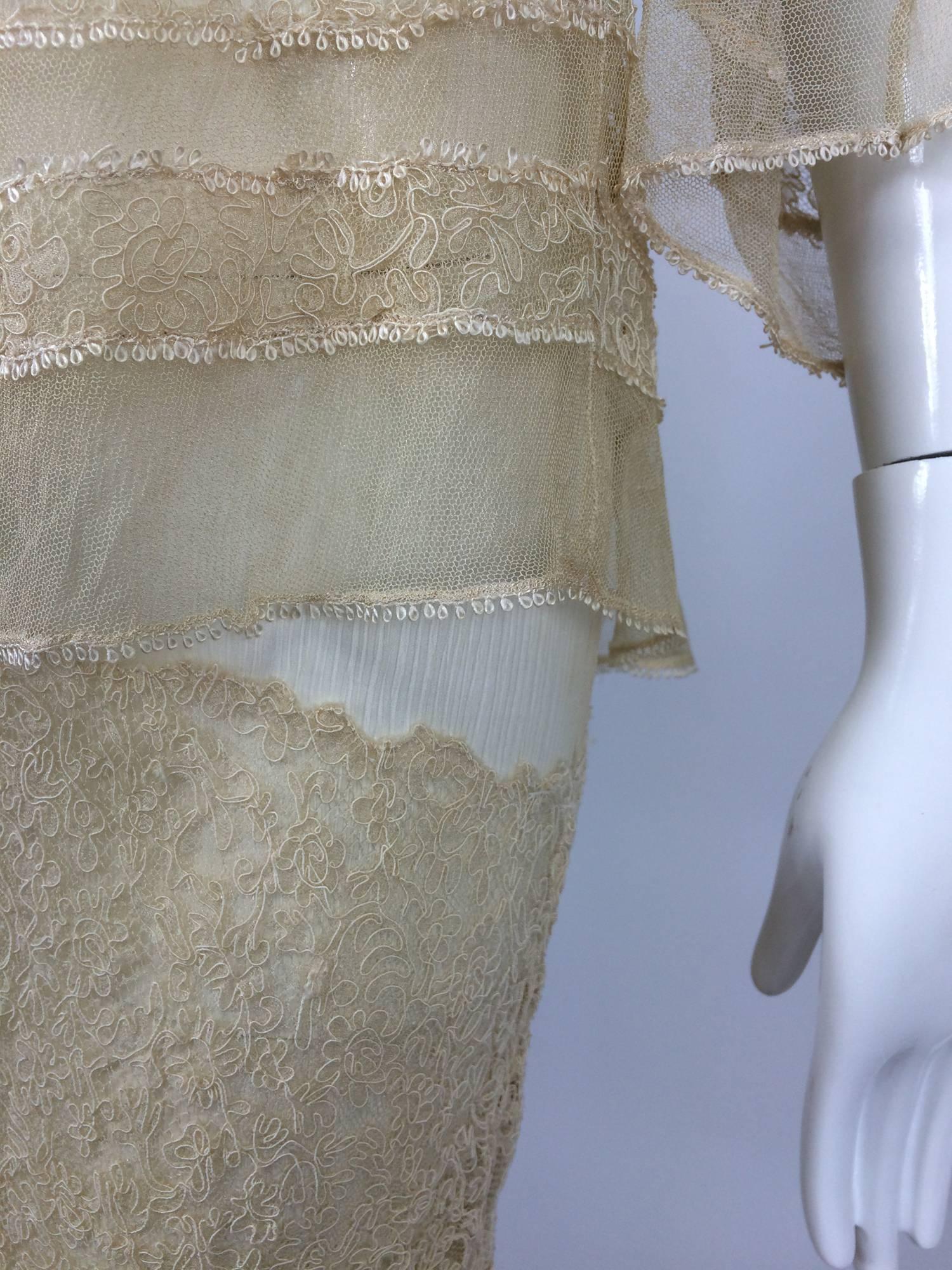 1930s champagne lace & silk bias cut tiered wedding dress & shrug  1