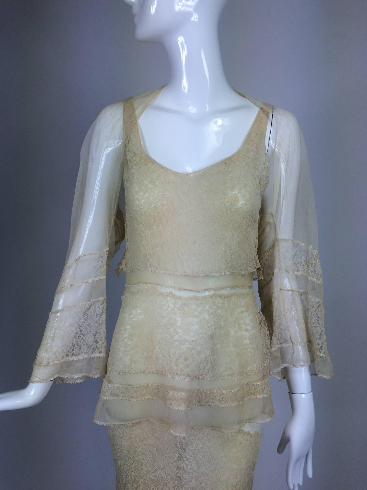 1930s champagne lace & silk bias cut tiered wedding dress & shrug...This would make a fabulous wedding dress...The dress is made from cord applique lace in a champagne colour, it features a deep scoop neckline front and back, the dress is