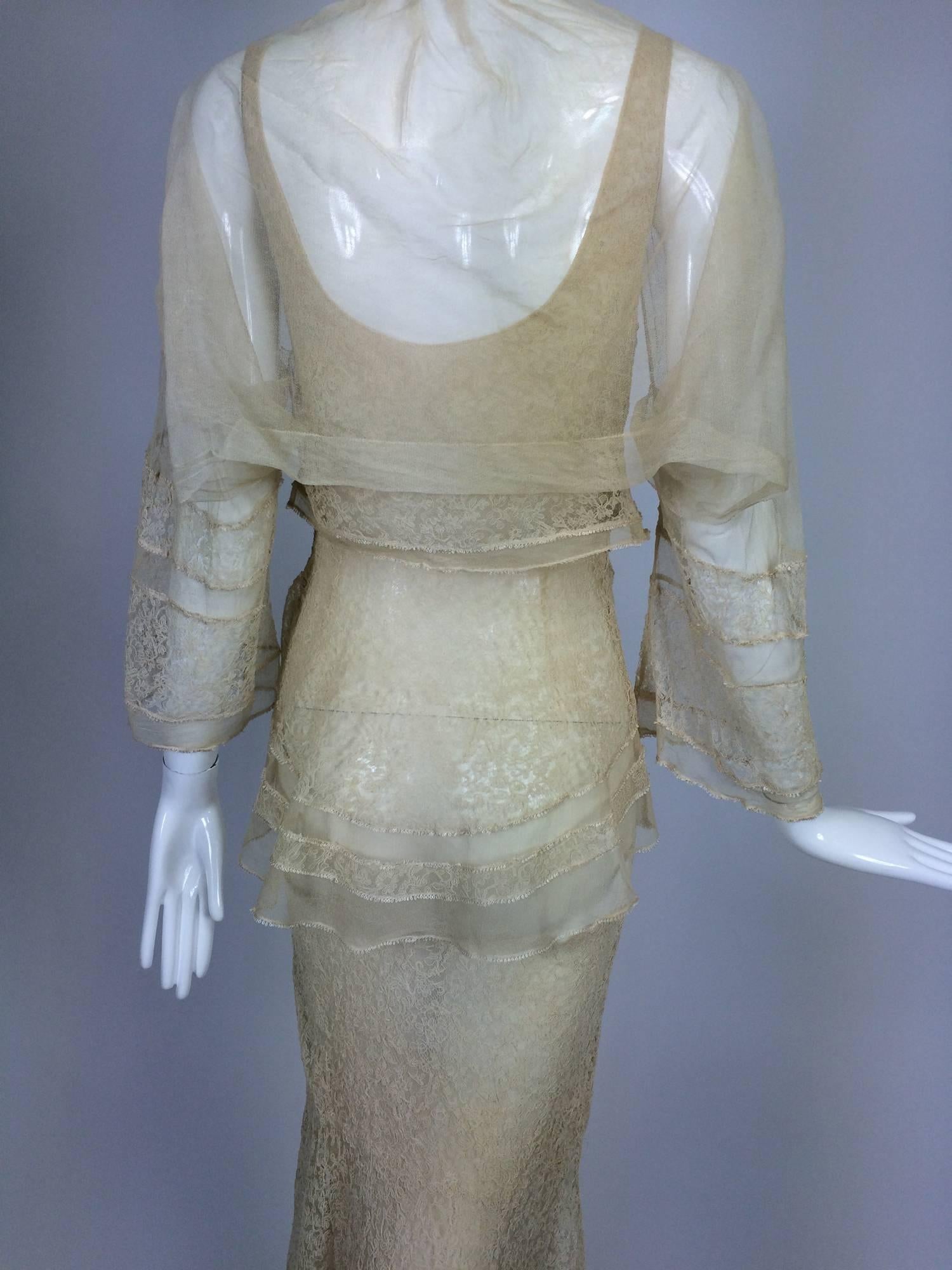 1930s champagne lace & silk bias cut tiered wedding dress & shrug  2
