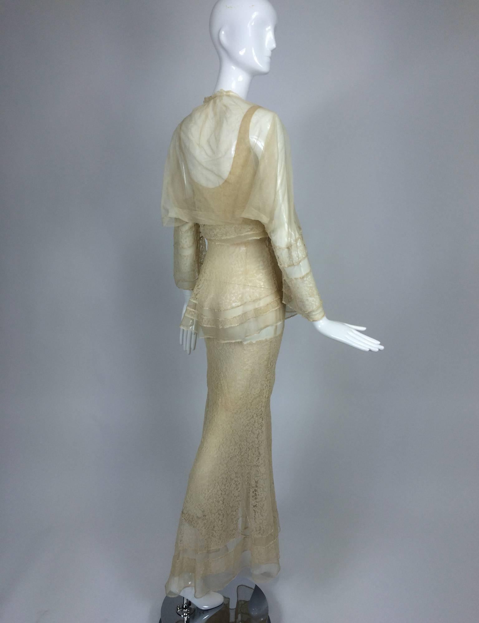 Gray 1930s champagne lace & silk bias cut tiered wedding dress & shrug 