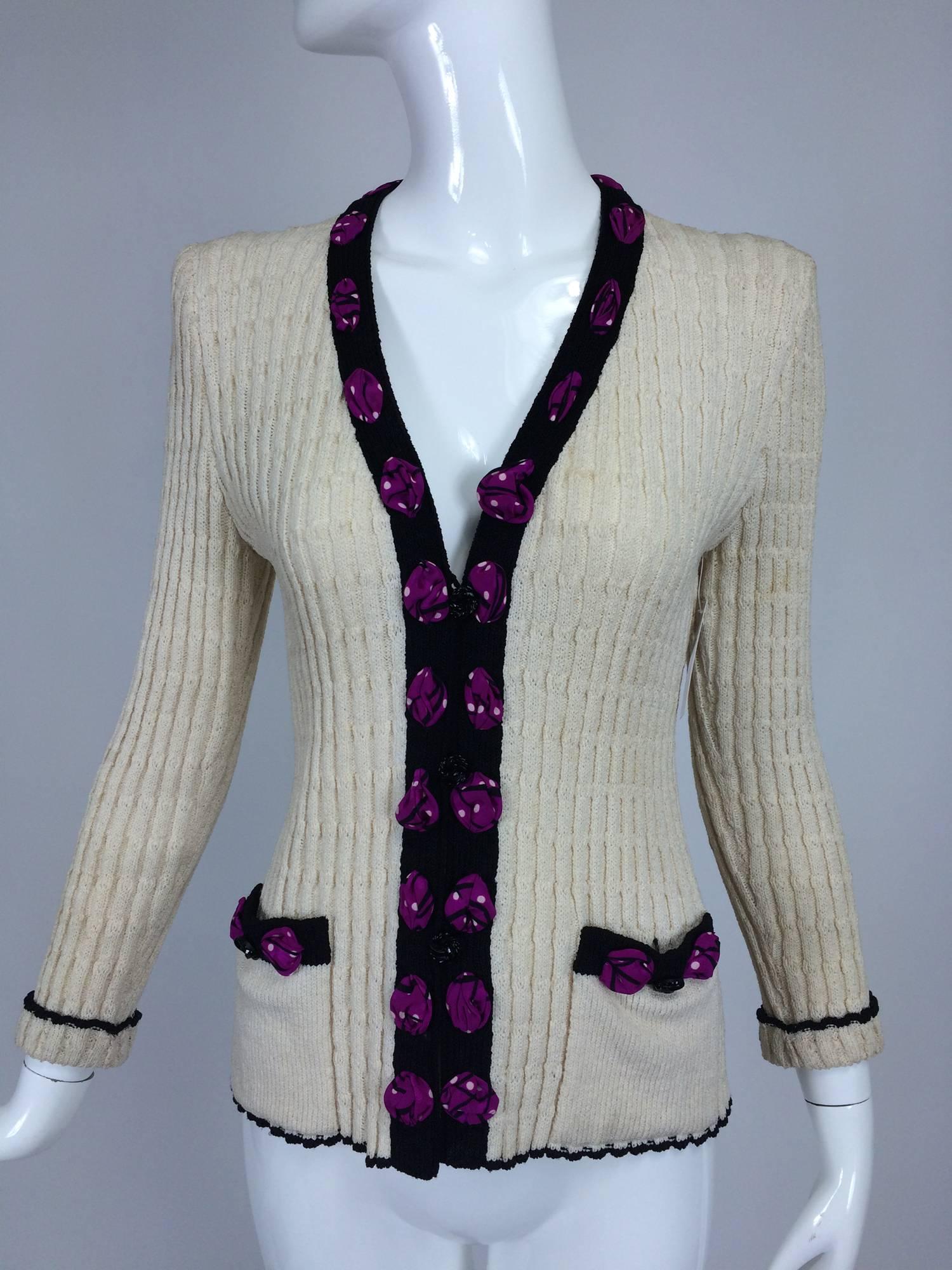 Adolfo cream cable knit rosette trimmed cardigan sweater/jacket 1970s 5