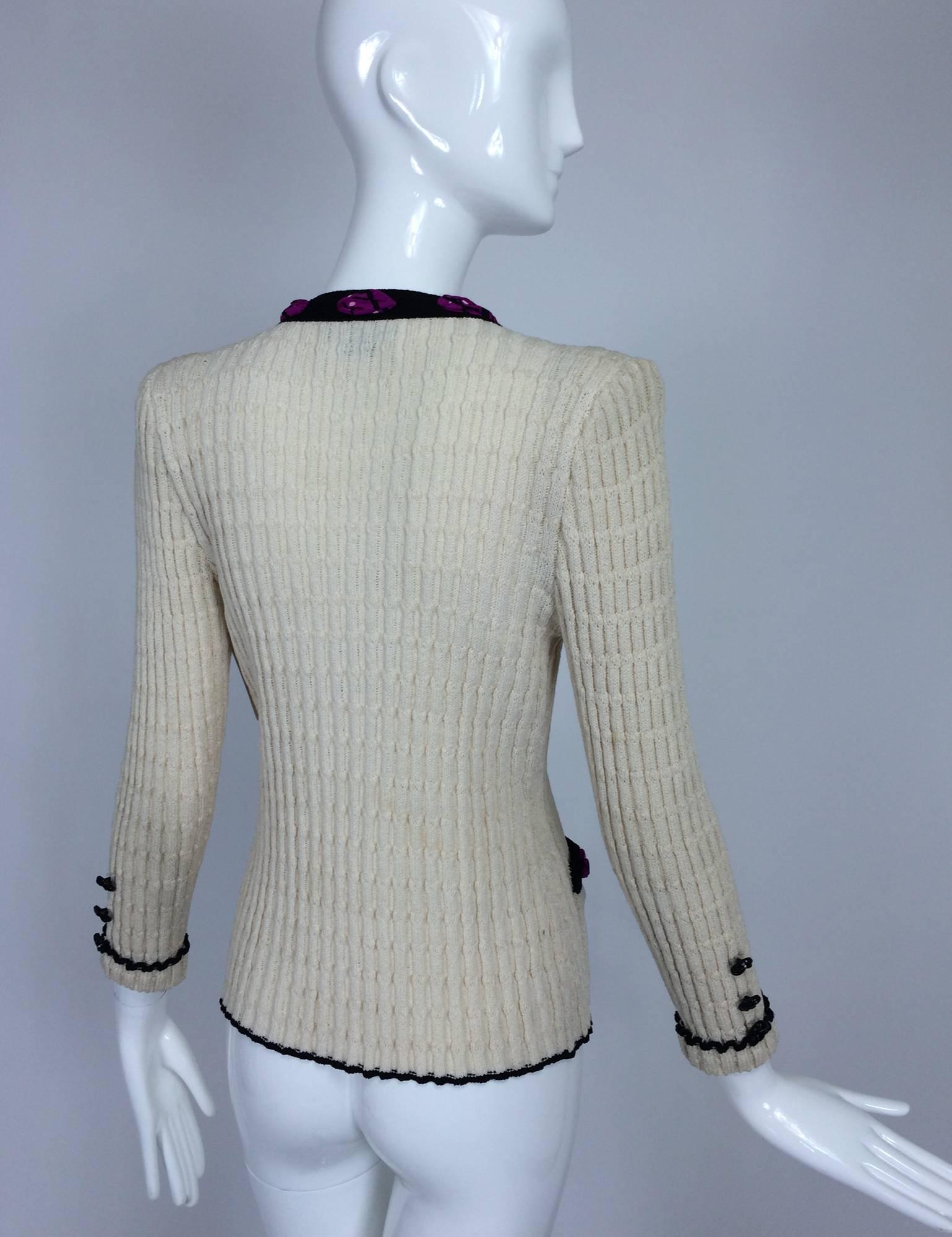 Women's Adolfo cream cable knit rosette trimmed cardigan sweater/jacket 1970s