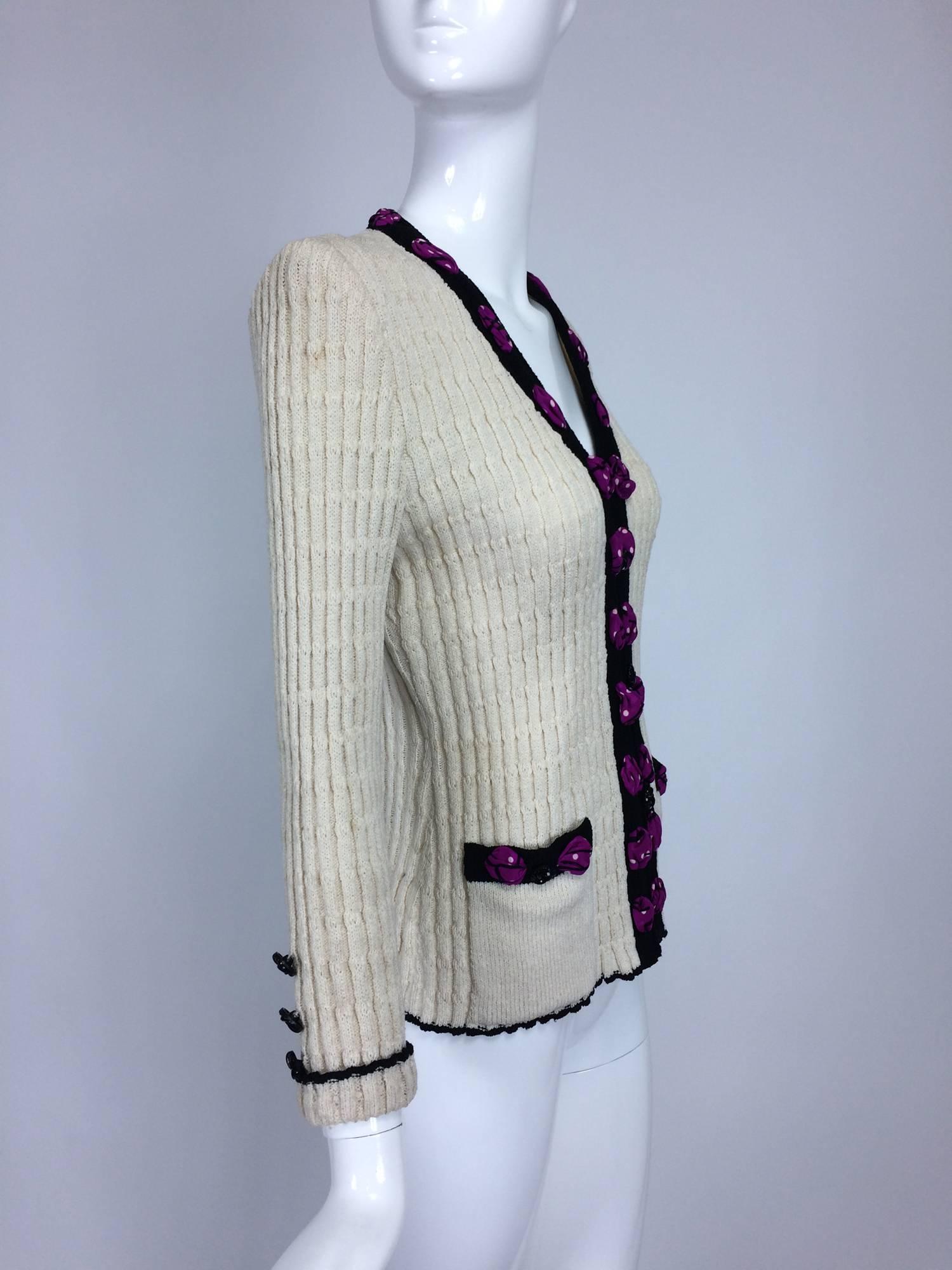 Adolfo cream cable knit rosette trimmed cardigan sweater/jacket 1970s 2