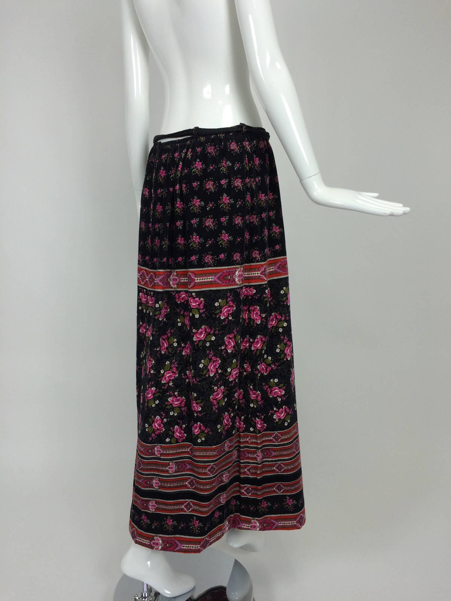 Black Lanvin floral printed velvet maxi skirt with tassel cord belt 1970s