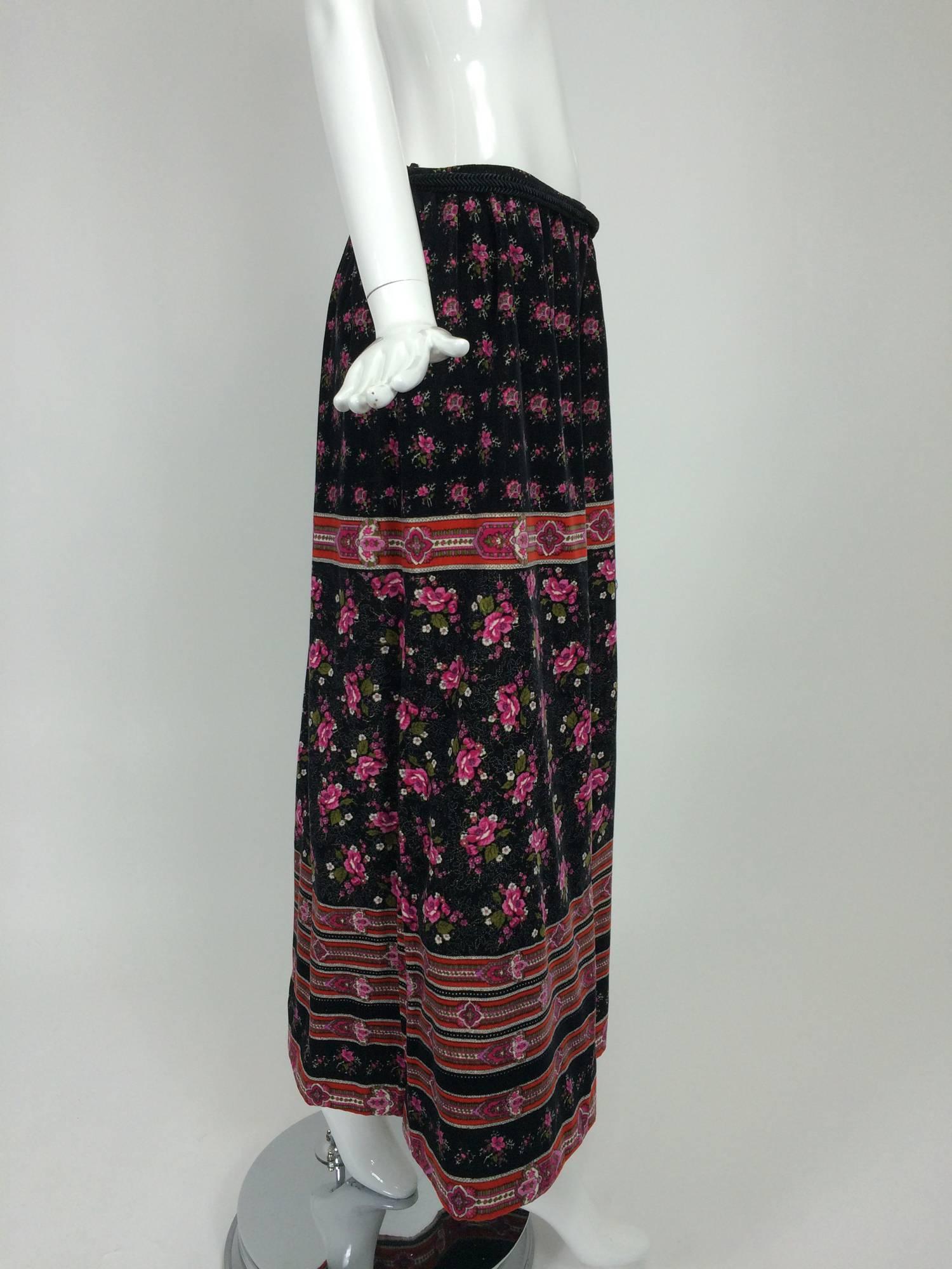 Lanvin floral printed velvet maxi skirt with tassel cord belt 1970s In Excellent Condition In West Palm Beach, FL