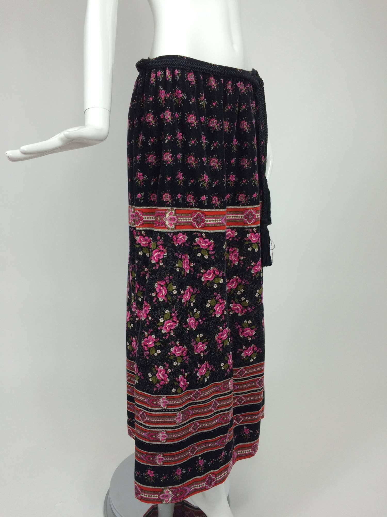 Women's Lanvin floral printed velvet maxi skirt with tassel cord belt 1970s