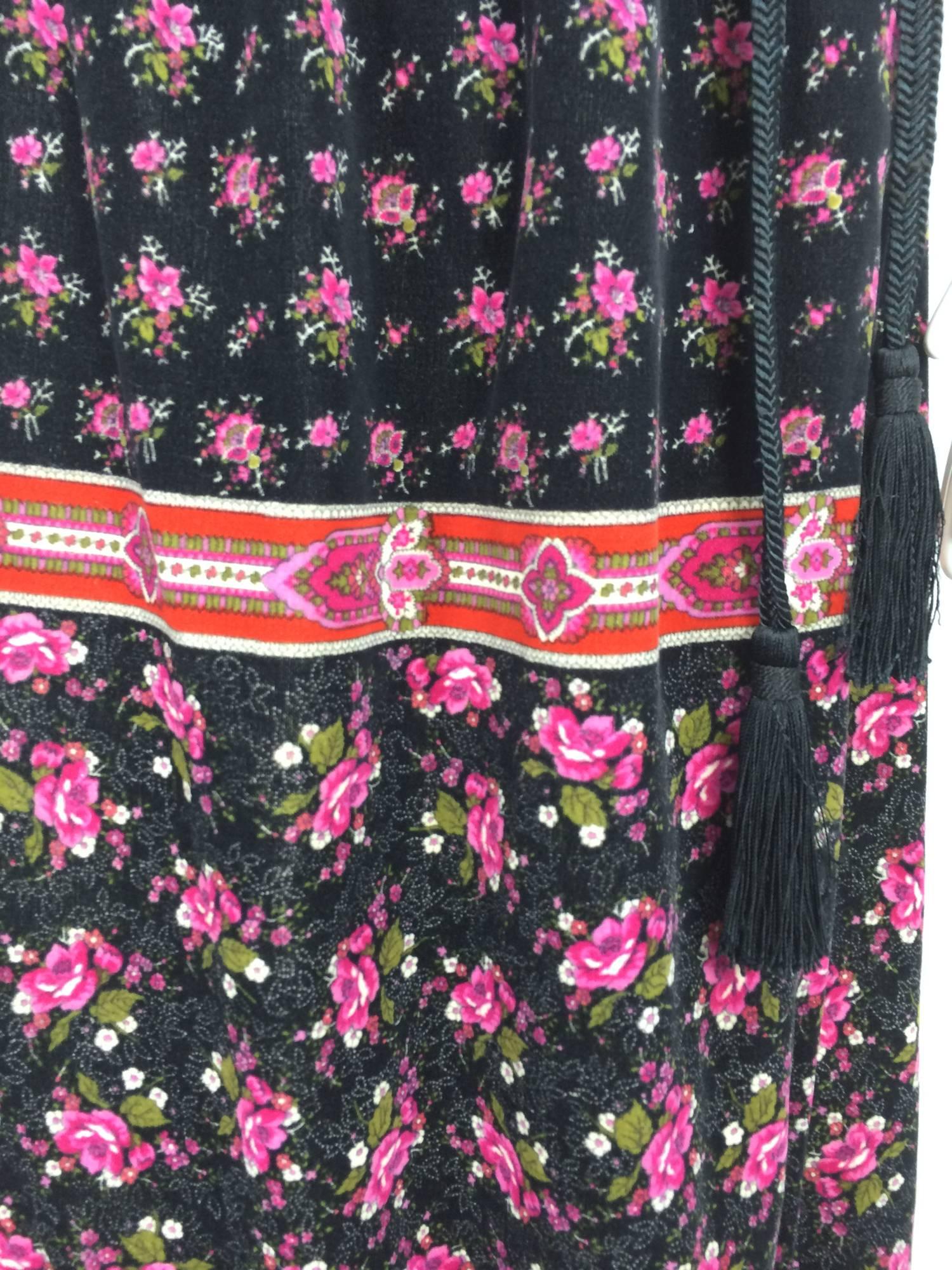 Lanvin floral printed velvet maxi skirt with tassel cord belt 1970s 5