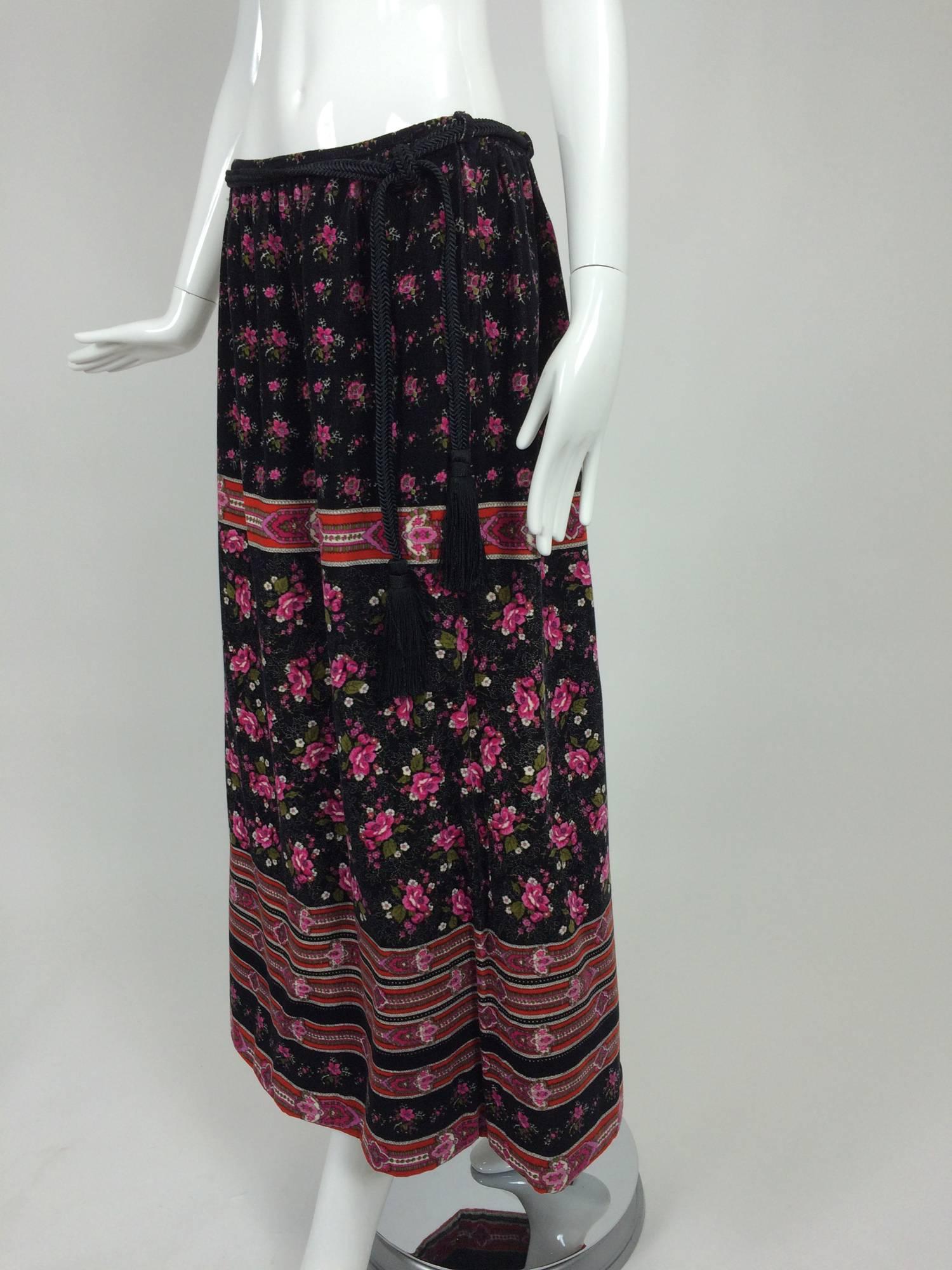 Lanvin floral printed velvet maxi skirt with tassel cord belt 1970s 2