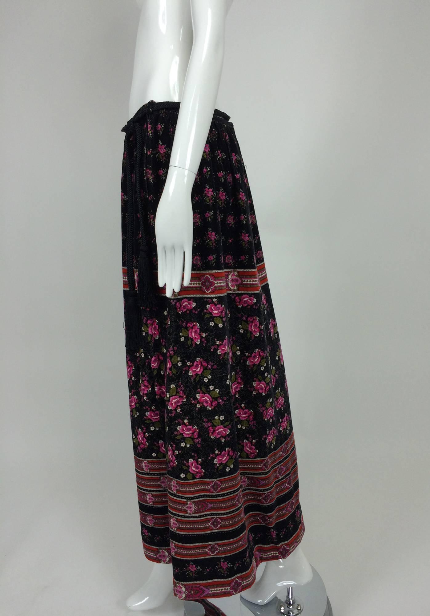 Lanvin floral printed velvet maxi skirt with tassel cord belt 1970s 1