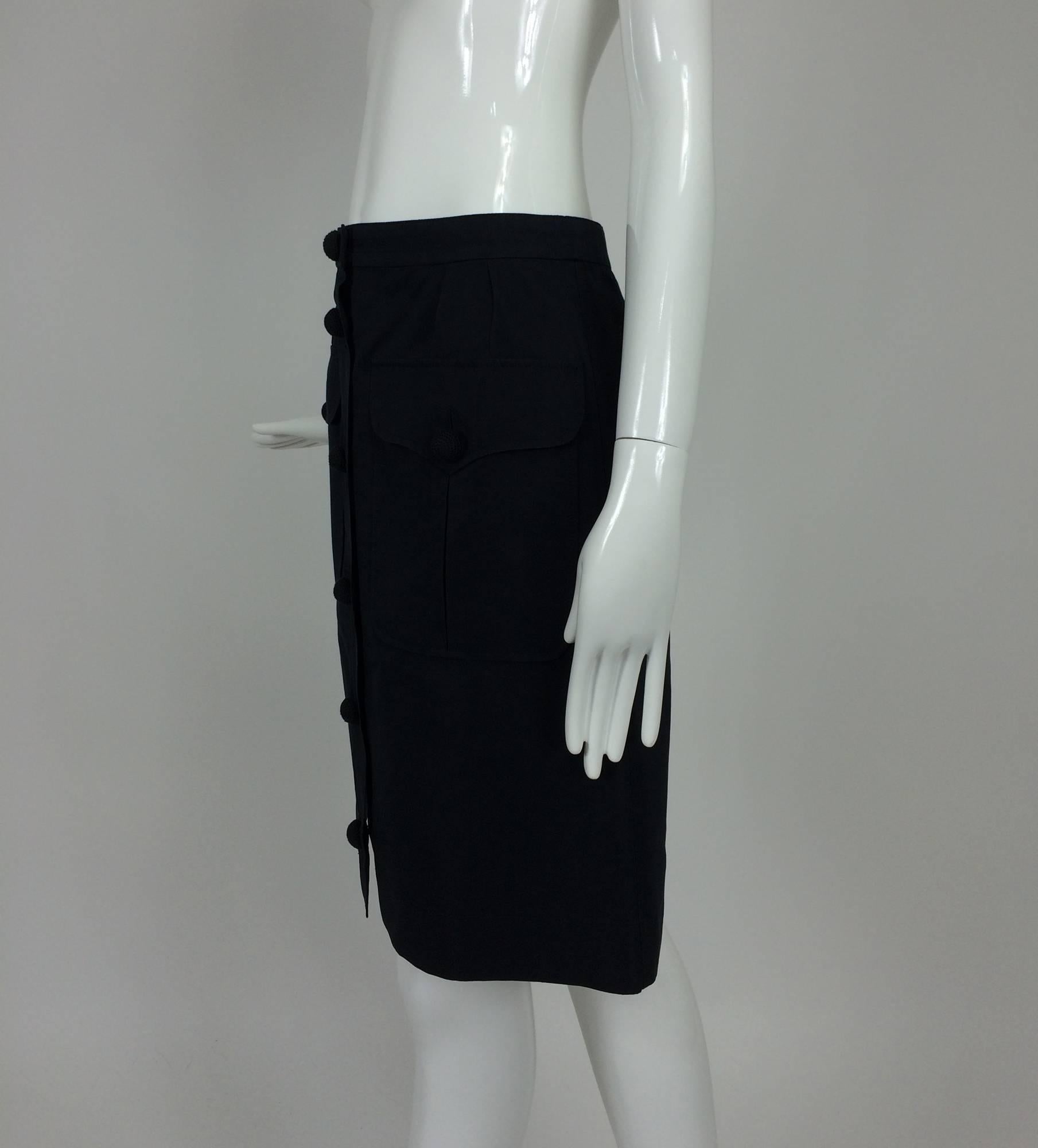 Women's Yves St Laurent black cotton & silk flap pocket skirt with crochet buttons 