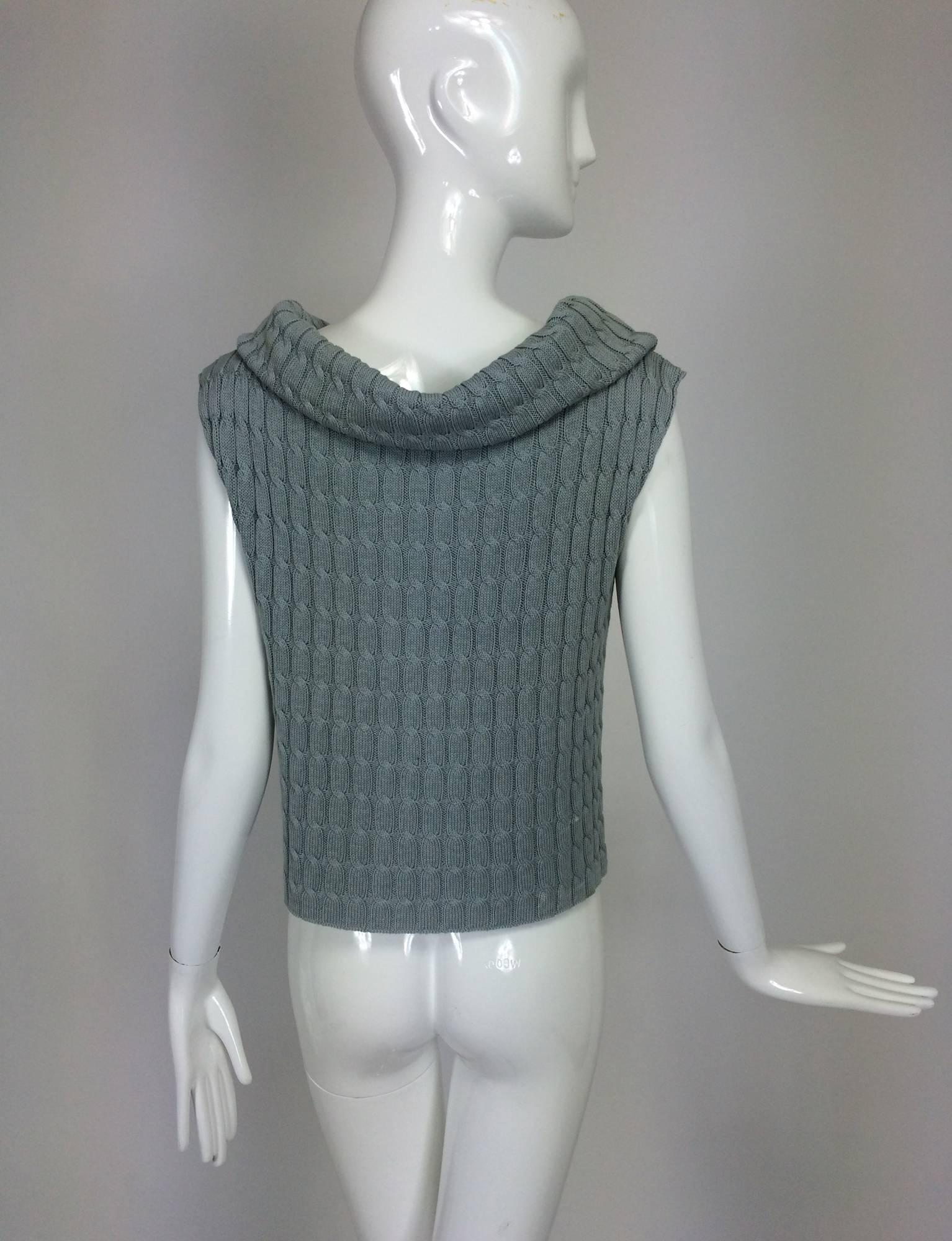 Zoran blue-grey cable knit sleeveless cowl neck sweater In Excellent Condition In West Palm Beach, FL