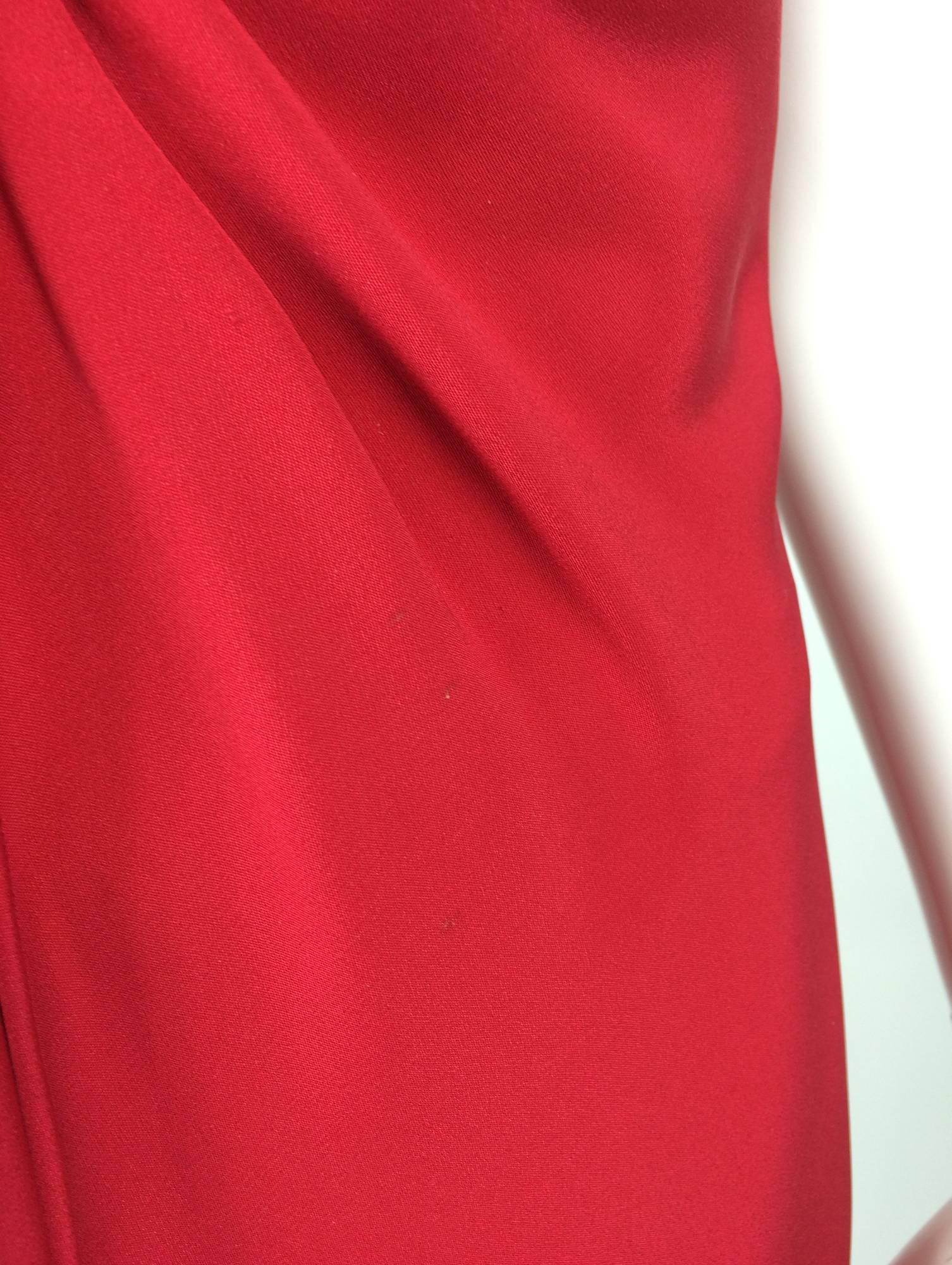 Fabulous John Anthony candy apple red silk strapless column gown with matching red silk chiffon stole 1980s...Shaped bodice is gathered at the center and drapes to the hem...The dress has a low open back and falls to the hem with a flair...Fully