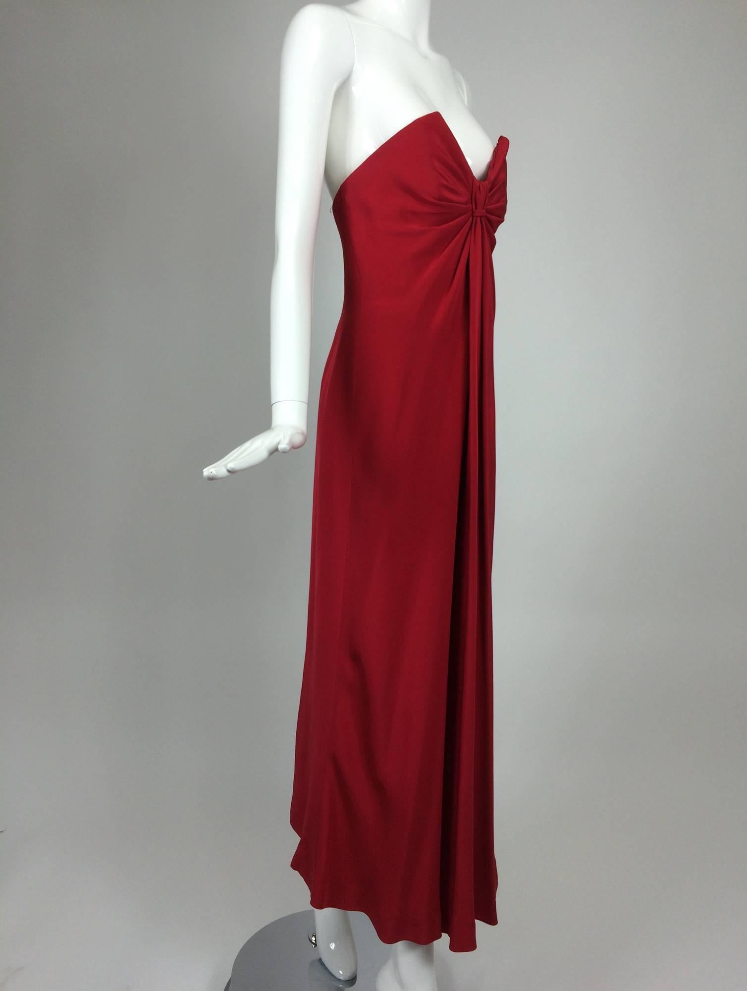 Fabulous John Anthony candy apple red silk strapless column gown 1980s 1