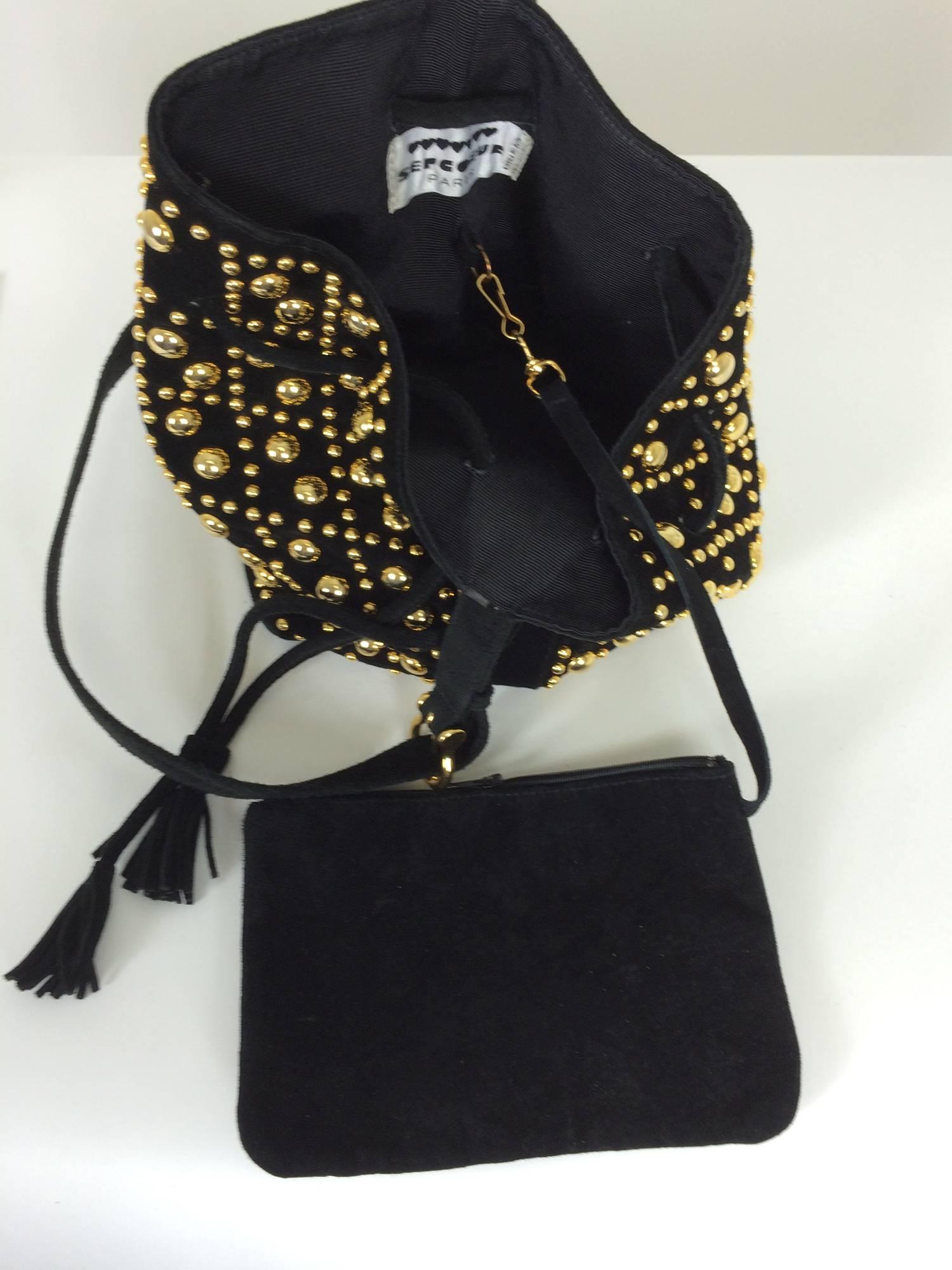 Women's Gold studded black suede shoulder bag Sepcoeur Paris 1980s
