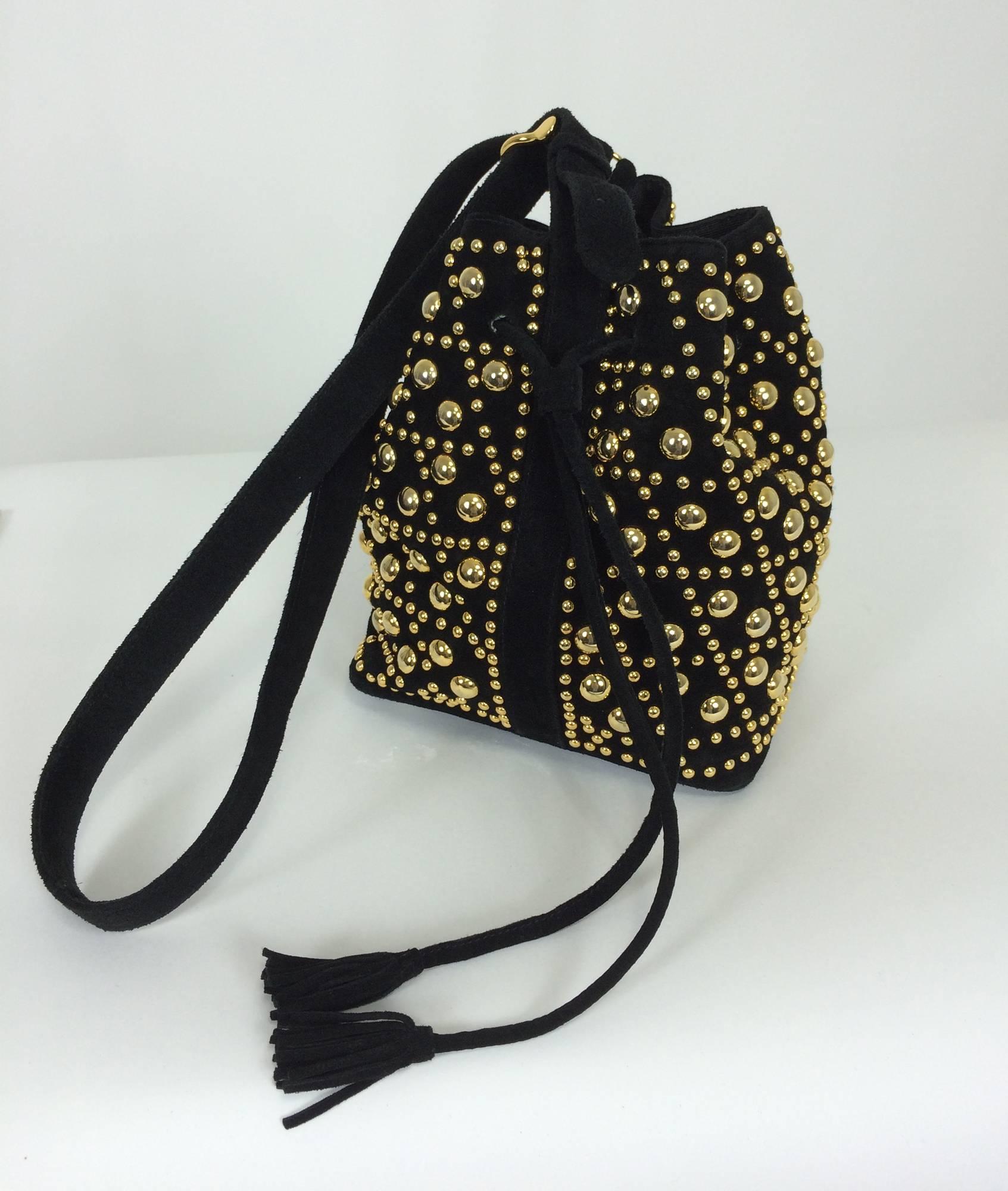 Gold studded black suede shoulder bag Sepcoeur Paris 1980s 2