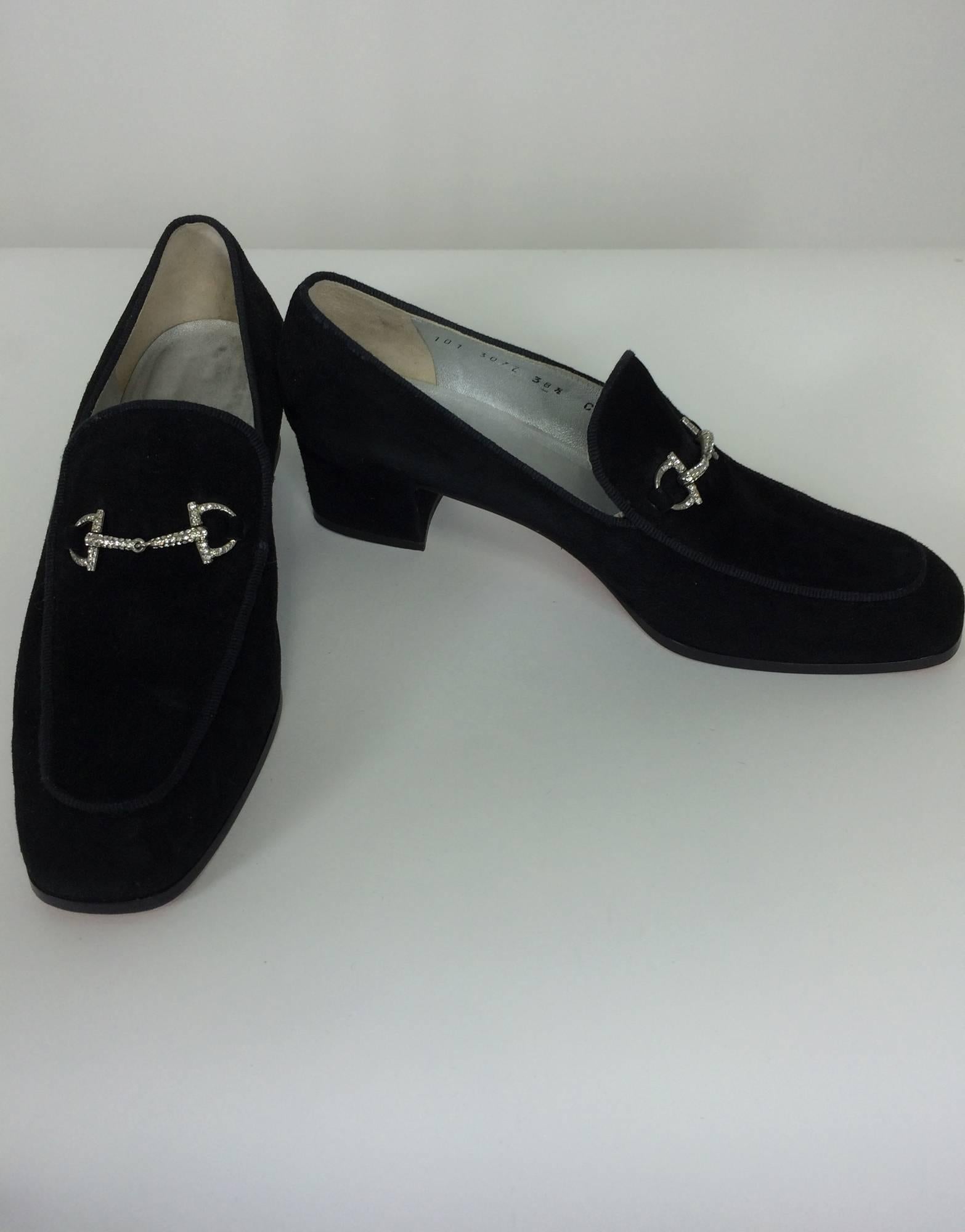 Gucci chunky black suede rhinestone bit loafers 38 1/2 C...Black suede with chunky heels, the fronts have silver horse bits set  with rhinestones...Lined in silver leather...Marked size 8 1/2 C...In excellent condition.