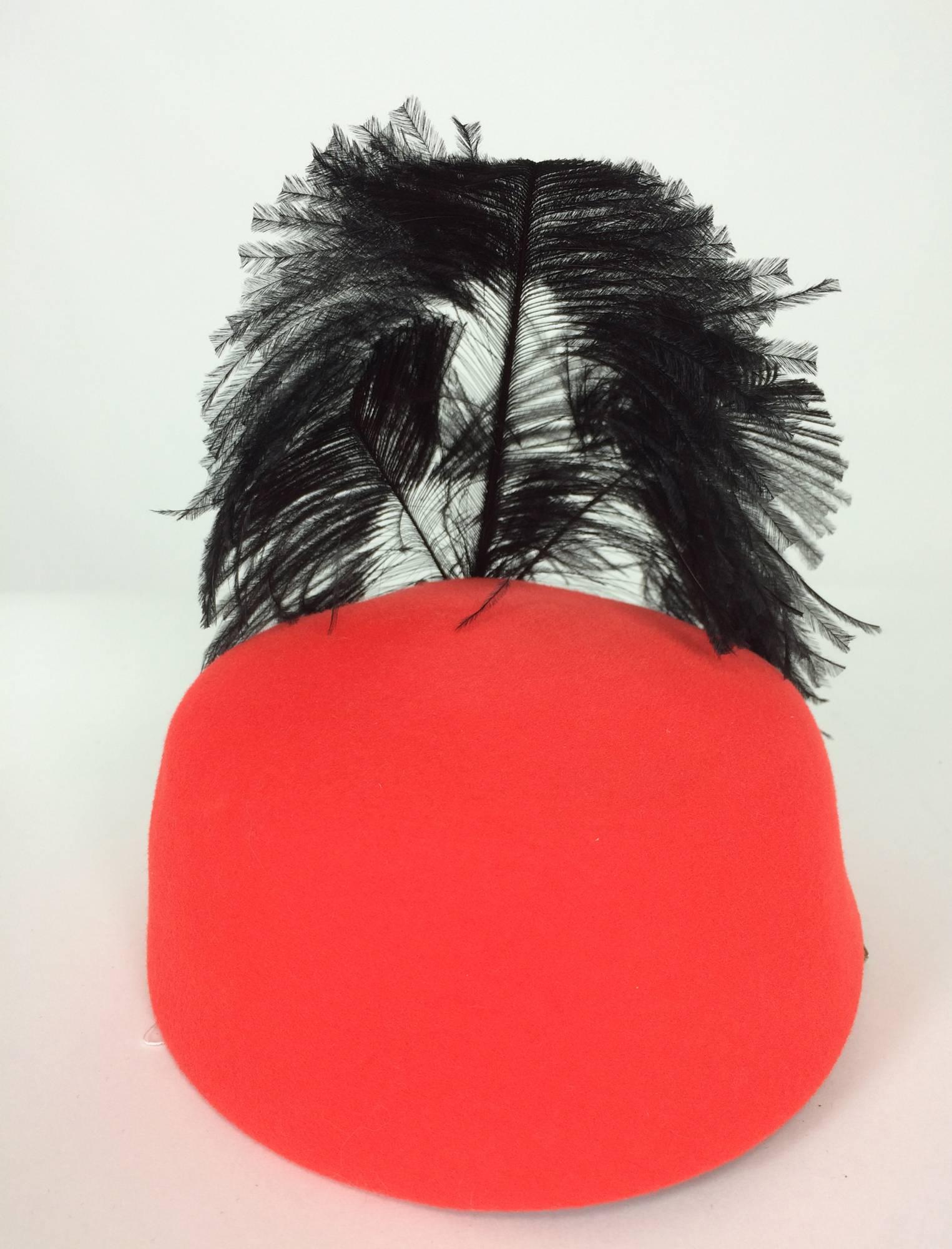 Black Halston beaded and feathered coral red felt hat 1970s