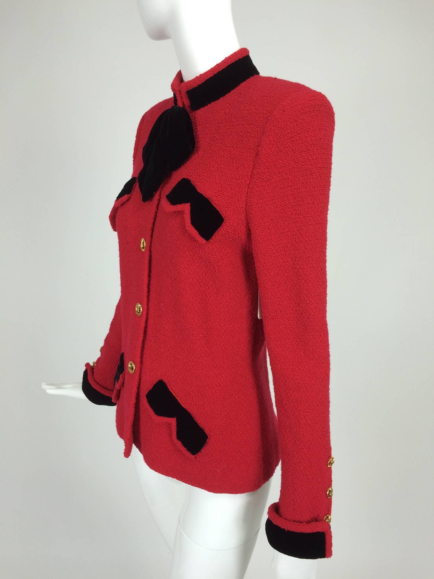 Red Adolfo red boucle jacket with black velvet trims 1970s