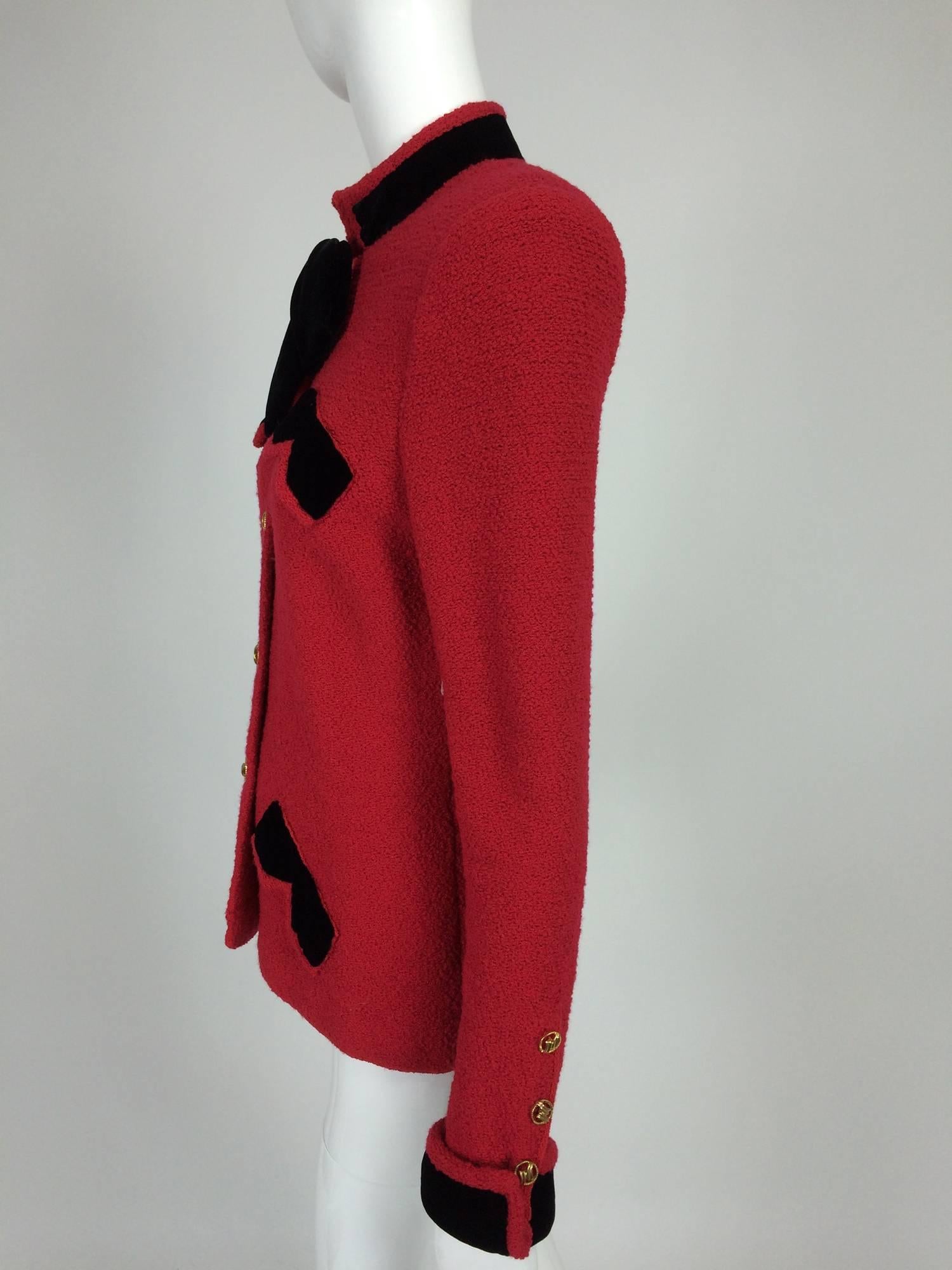 Adolfo red boucle jacket with black velvet trims 1970s In Excellent Condition In West Palm Beach, FL