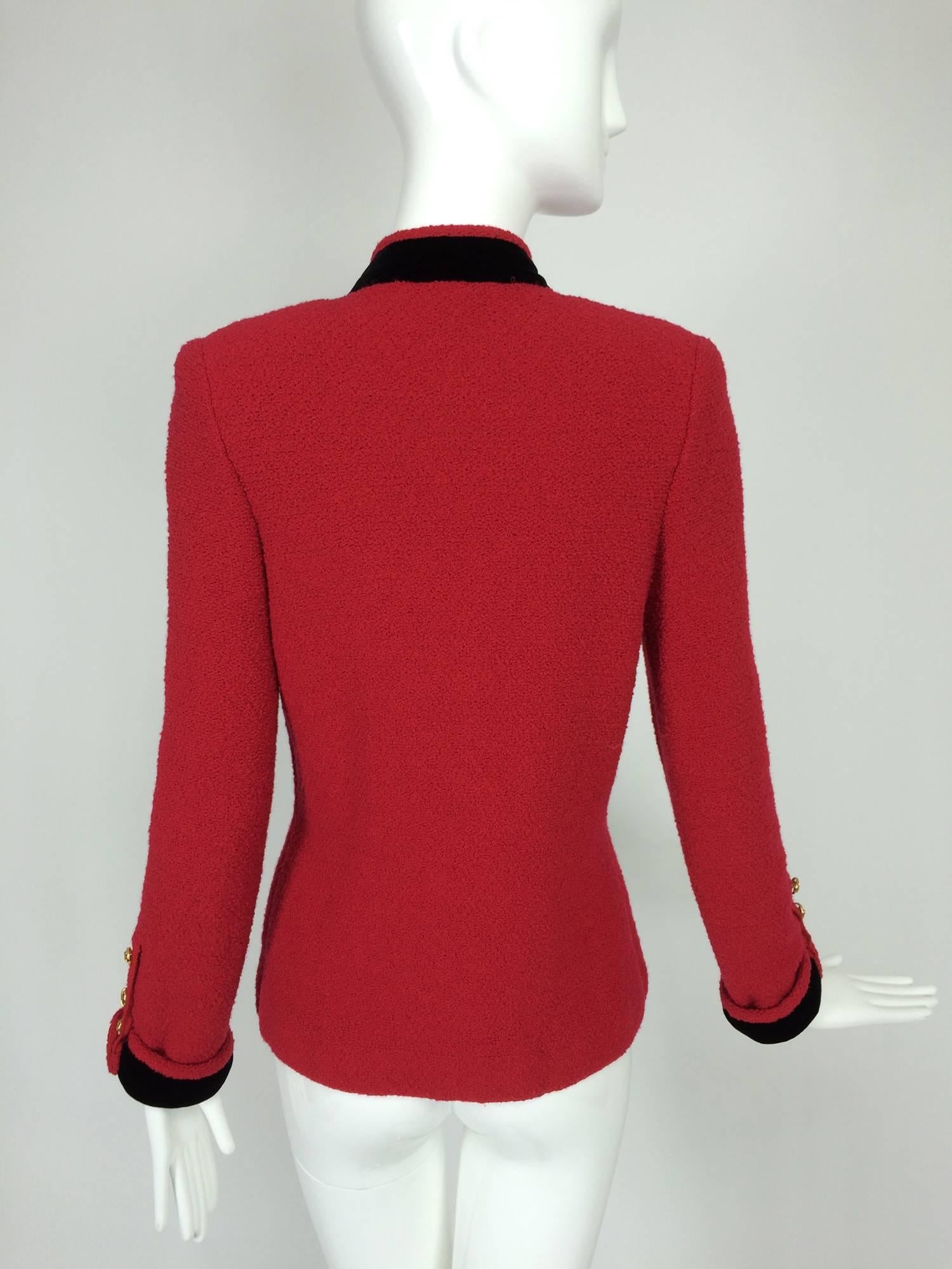 Women's Adolfo red boucle jacket with black velvet trims 1970s