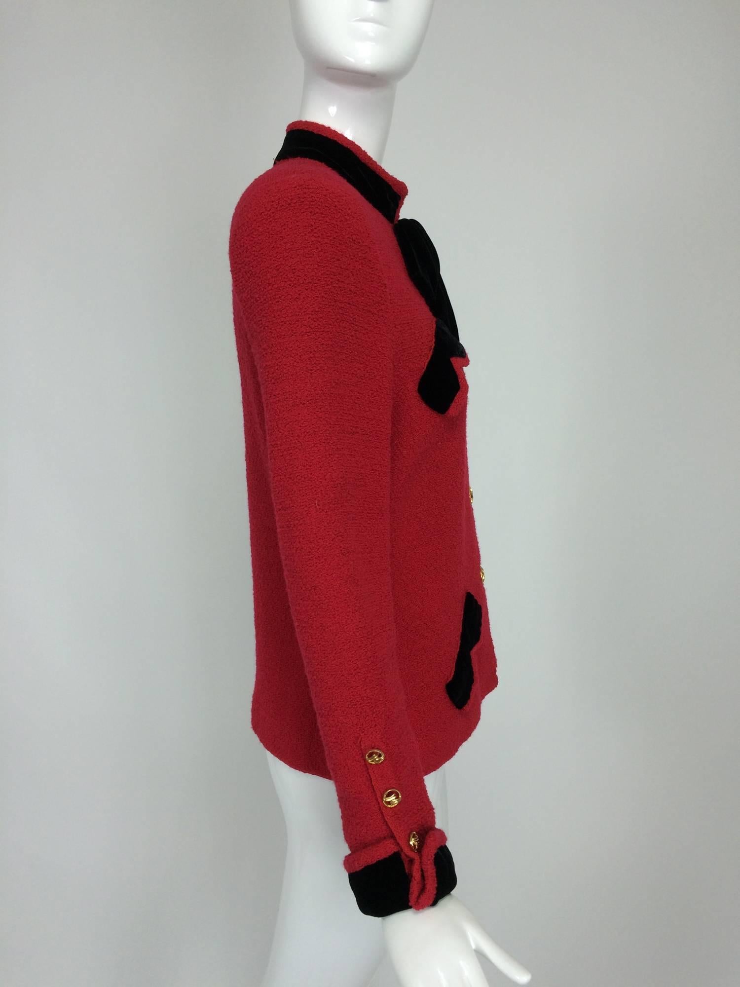 Adolfo red boucle jacket with black velvet trims 1970s 1