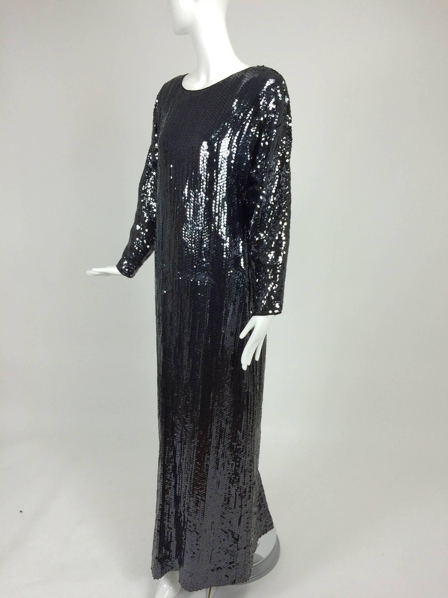 Women's Halston glittery black sequin bat wing evening gown 