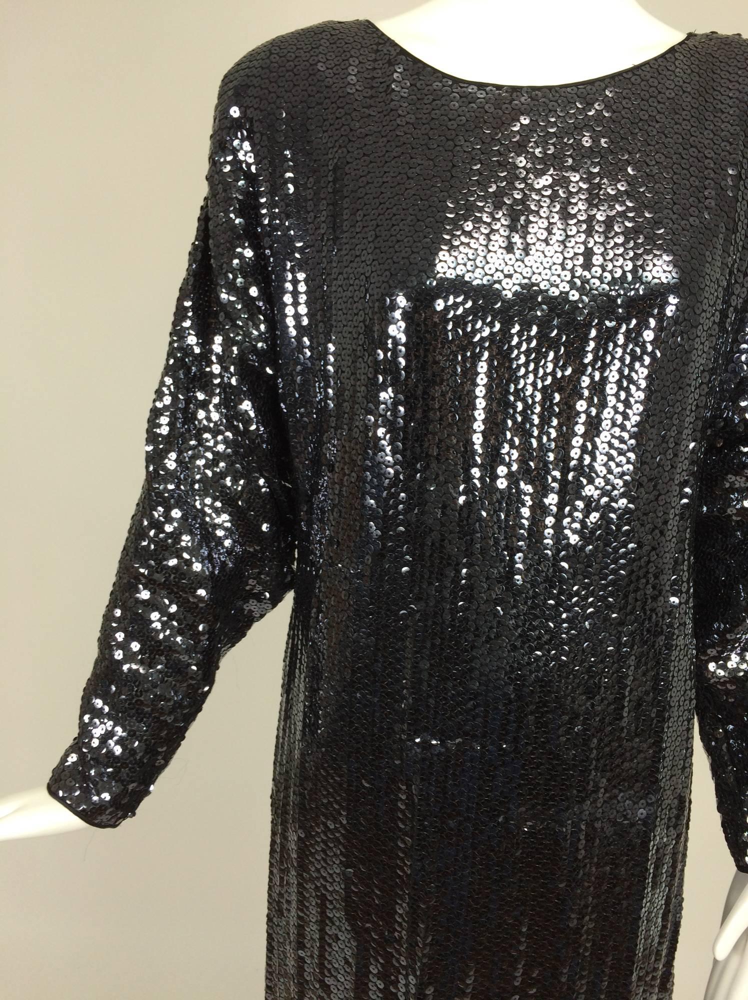 Halston glittery black sequin bat wing evening gown  In Good Condition In West Palm Beach, FL