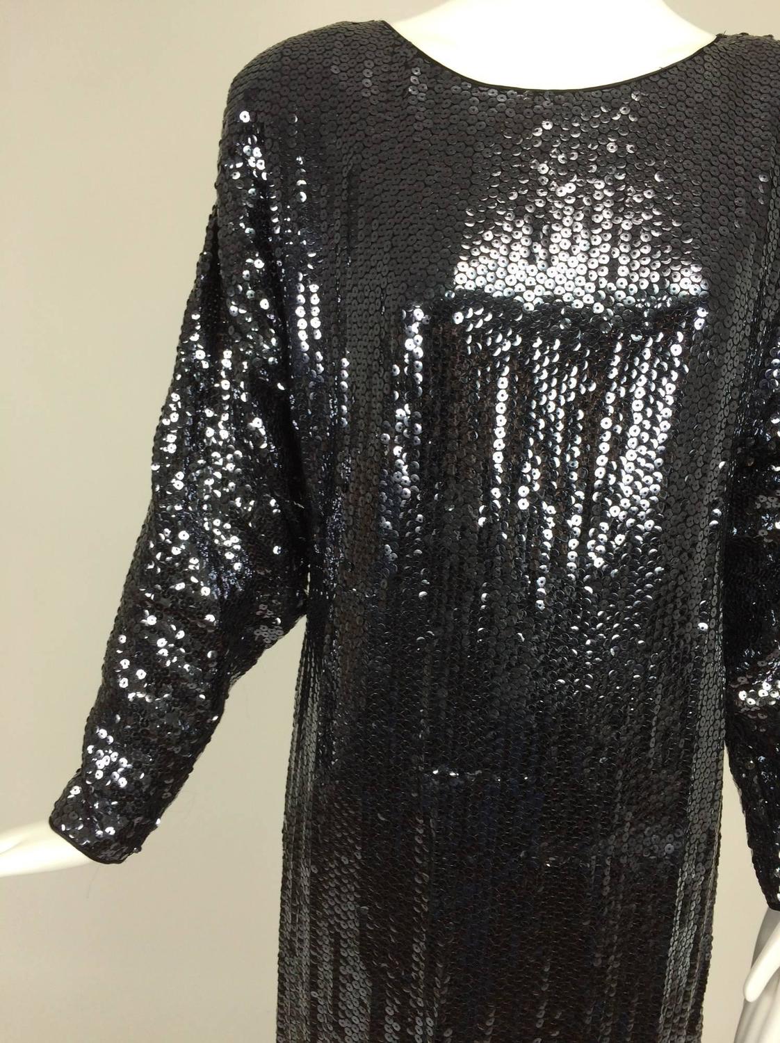 Halston glittery black sequin bat wing evening gown For Sale at 1stdibs