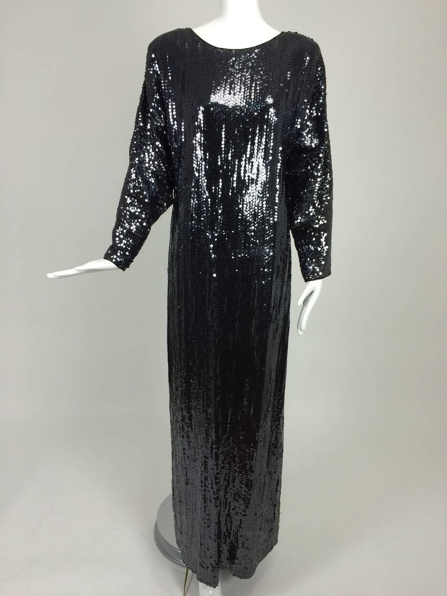 Halston glittery black sequin bat wing evening gown  2