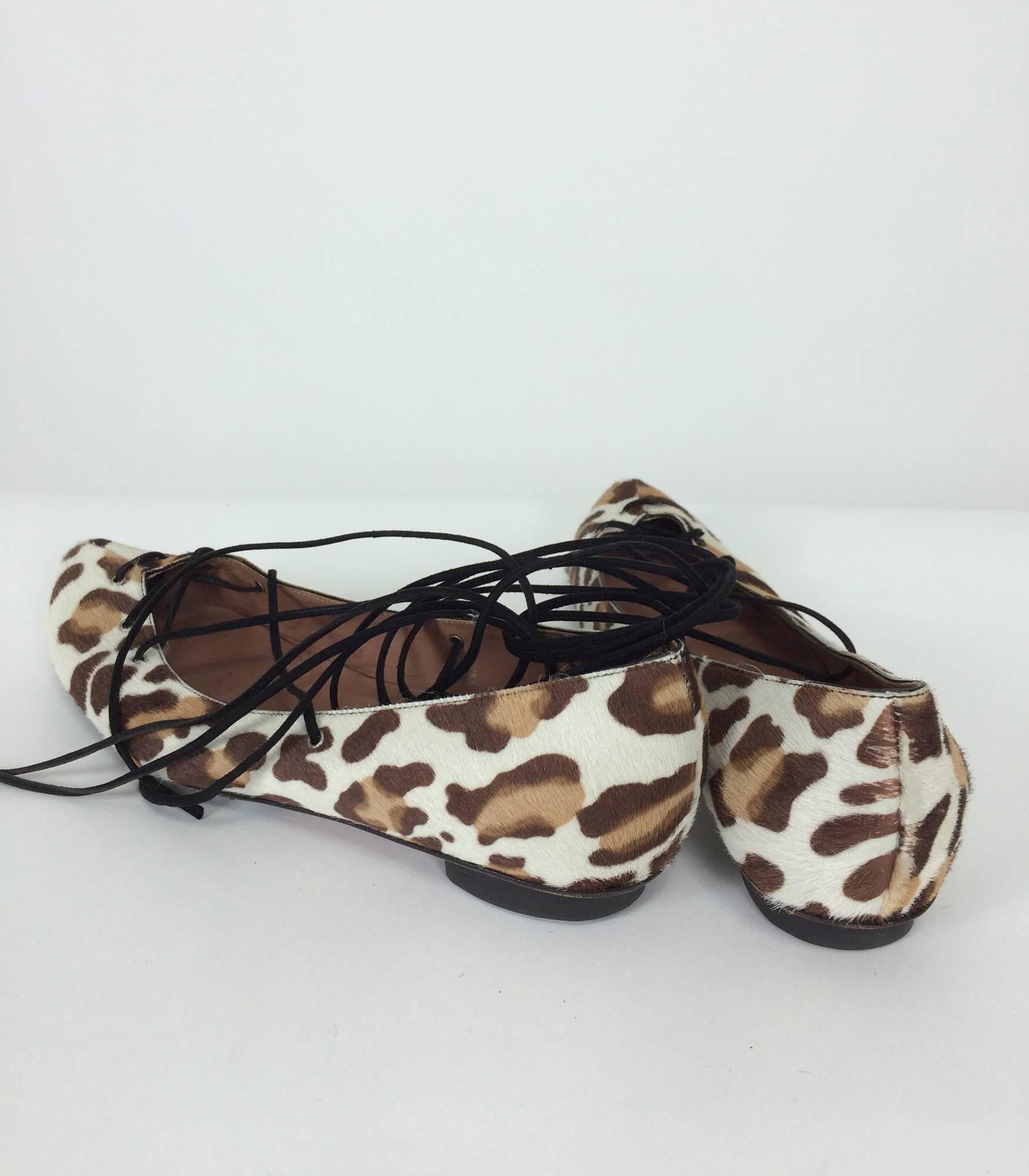 Alaia leopard print hair calf lace up ballet flats 38 1/2 2