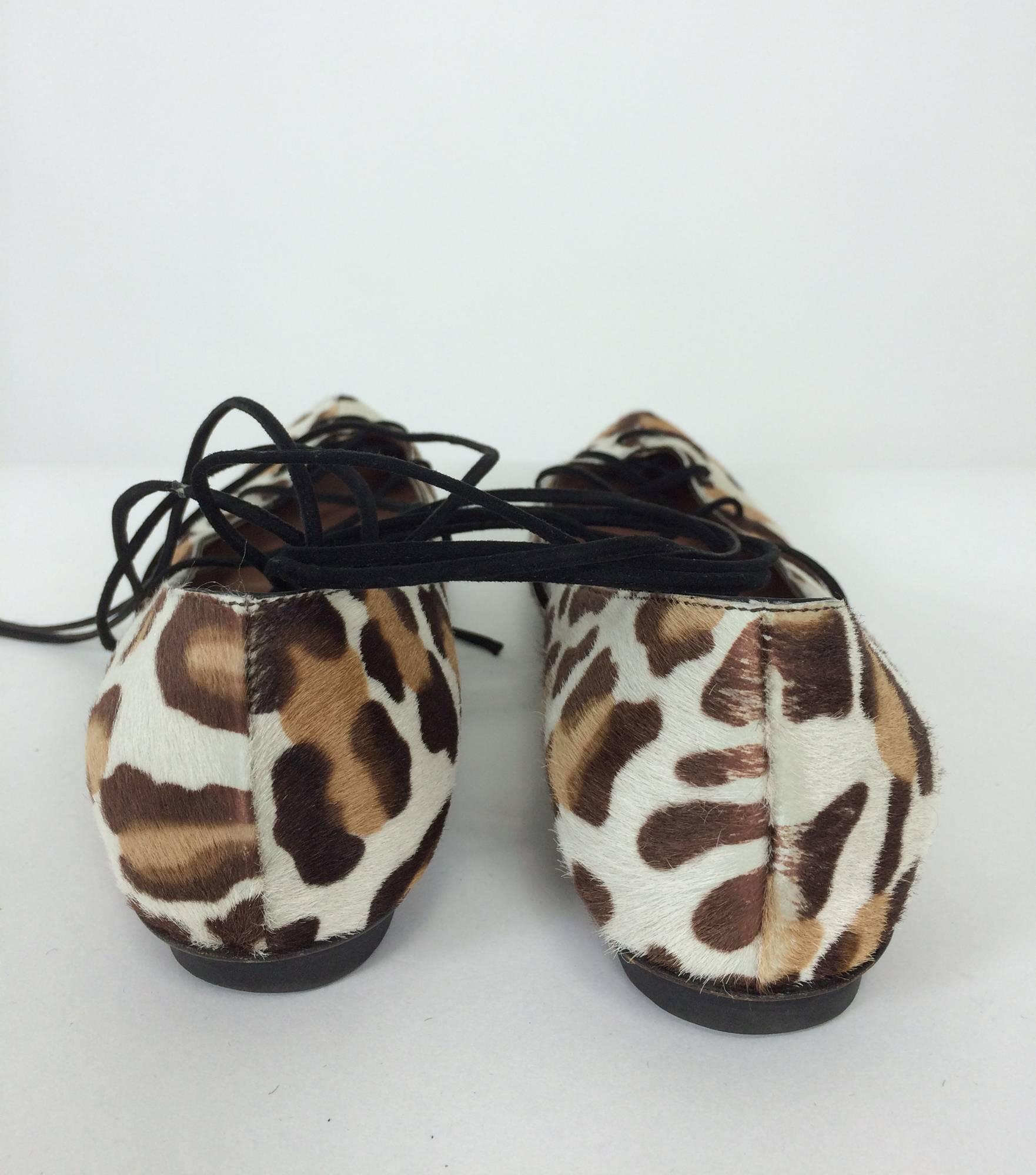 Alaia leopard print hair calf lace up ballet flats 38 1/2 1