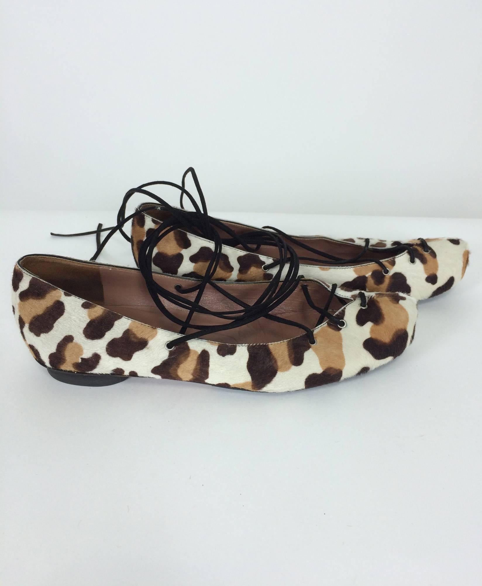 Women's Alaia leopard print hair calf lace up ballet flats 38 1/2