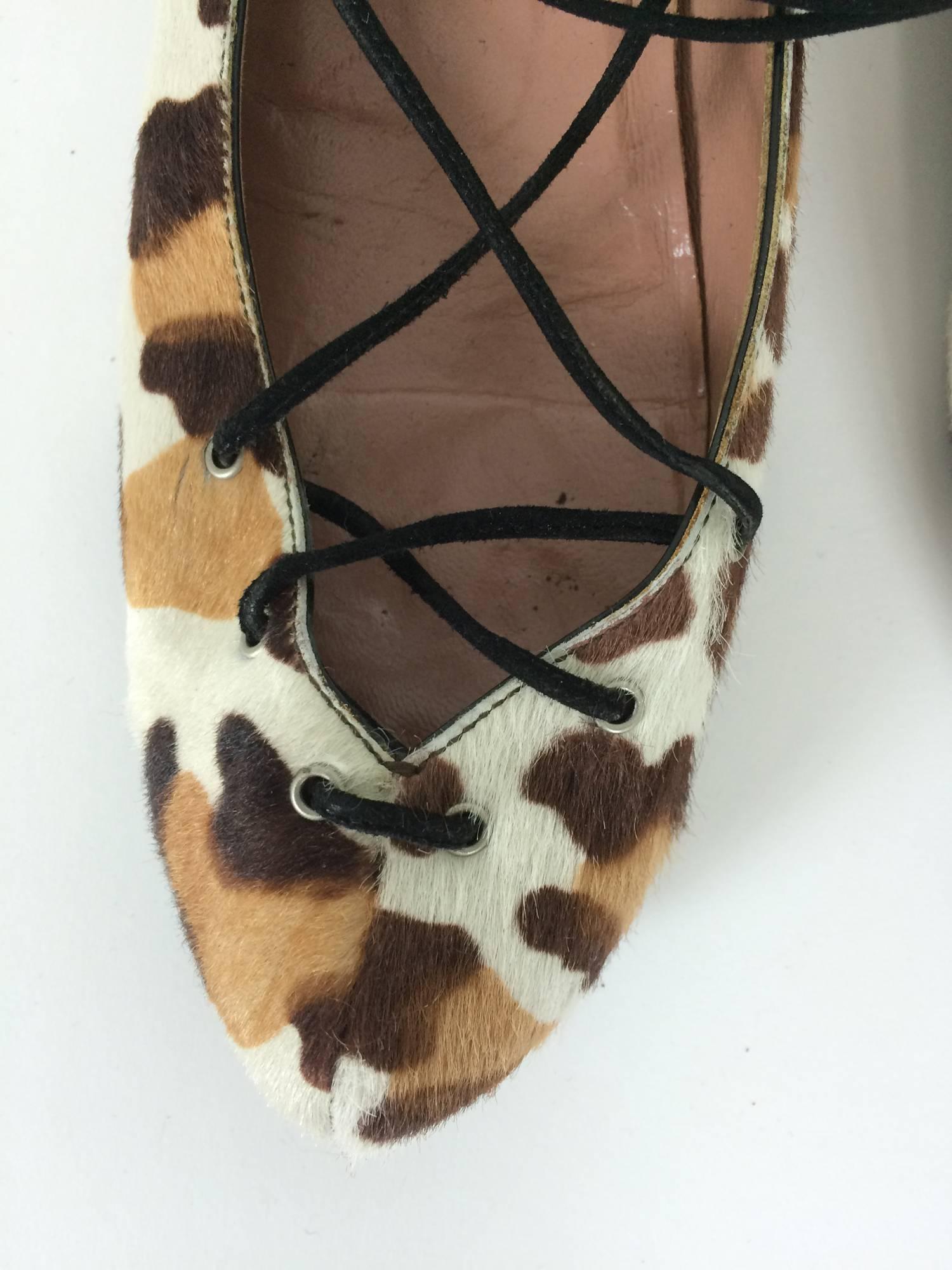 Alaia leopard print hair calf lace up ballet flats 38 1/2 In Excellent Condition In West Palm Beach, FL