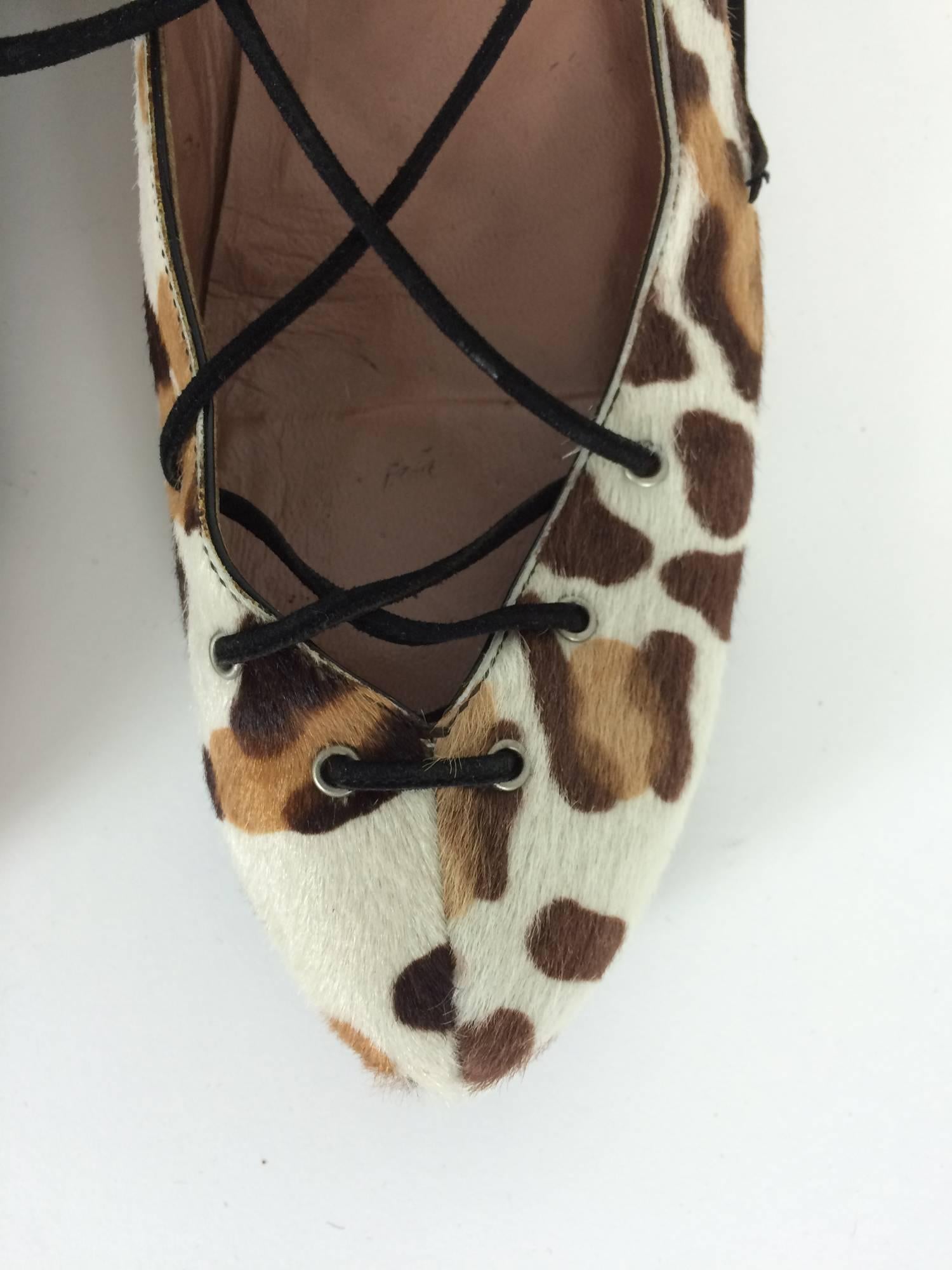 Black Alaia leopard print hair calf lace up ballet flats 38 1/2