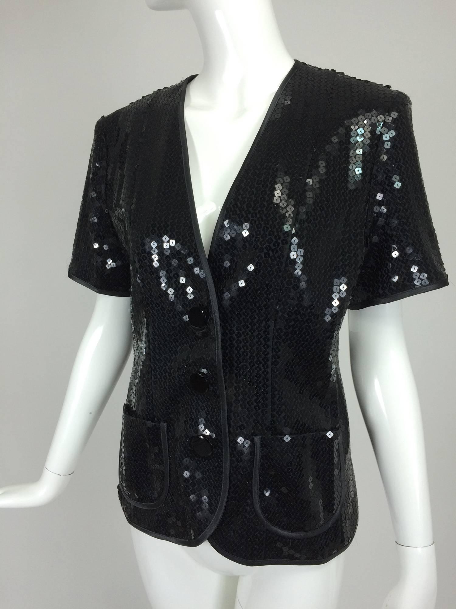 Women's Yves St Laurent black sequin short sleeve evening jacket 1980s
